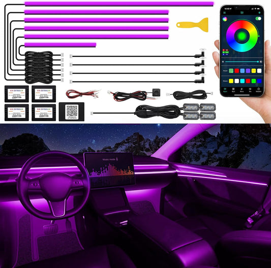 Acrylic Interior Car LED Strip Light with Wireless APP, RGB 14 in 1 with 175 inches 593 LEDs Fiber Optic Ambient Lighting Kits, 16 Million Colors Sound Active Function Car Neon Lights