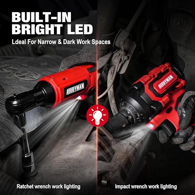Alloyman 20v 3/8'' Cordless Ratchet Wrench 44 ft-lbs (60 Nm) and 1/2'' Brushless Impact Wrench 516 ft-lbs(700 Nm) Combo Set, with Variable Speed, LED Light, 4.0Ah &2.0Ah Battery, Charger