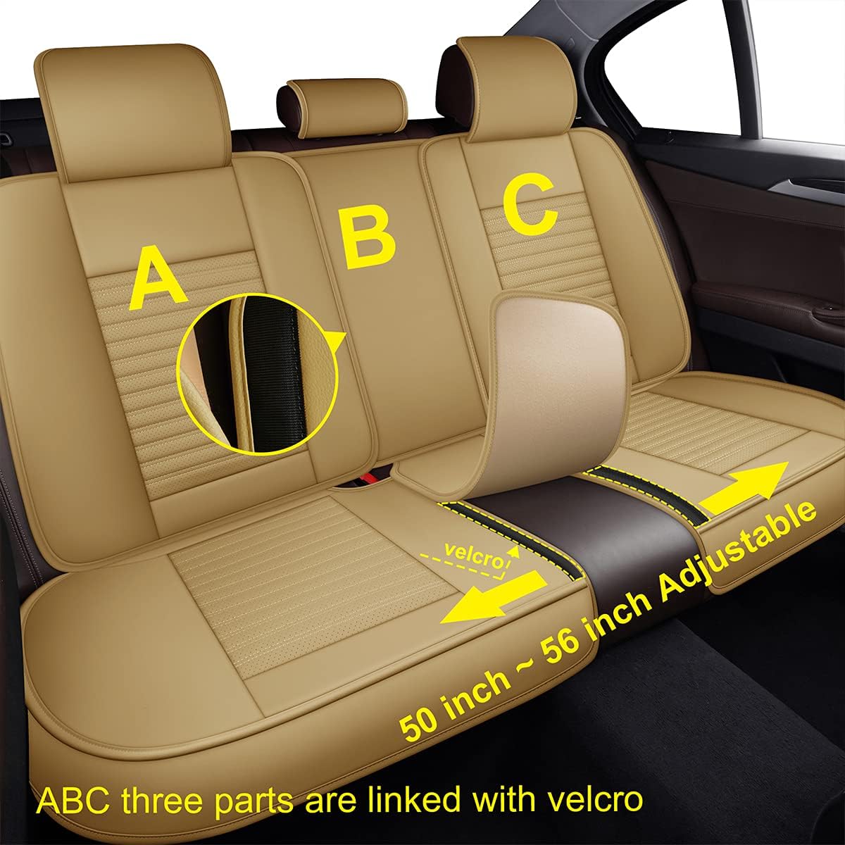 LINGVIDO Car Seat Covers, Breathable and Waterproof Faux Leather Automotive Seat Covers for Cars SUV Pick-up Truck Sedan,Universal Anti-Slip Driver Seat Cover with Backrest (Full Seat, Beige)