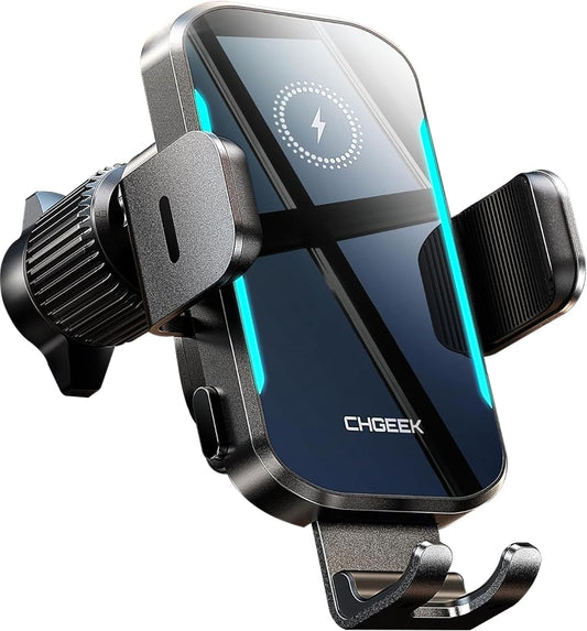 CHGeek 15W Wireless Car Charger – Auto-Clamping Qi Fast Charging Vent Mount with LED Light; Compatible with iPhone 13-16 & Samsung S22-S24 (Knight Black)