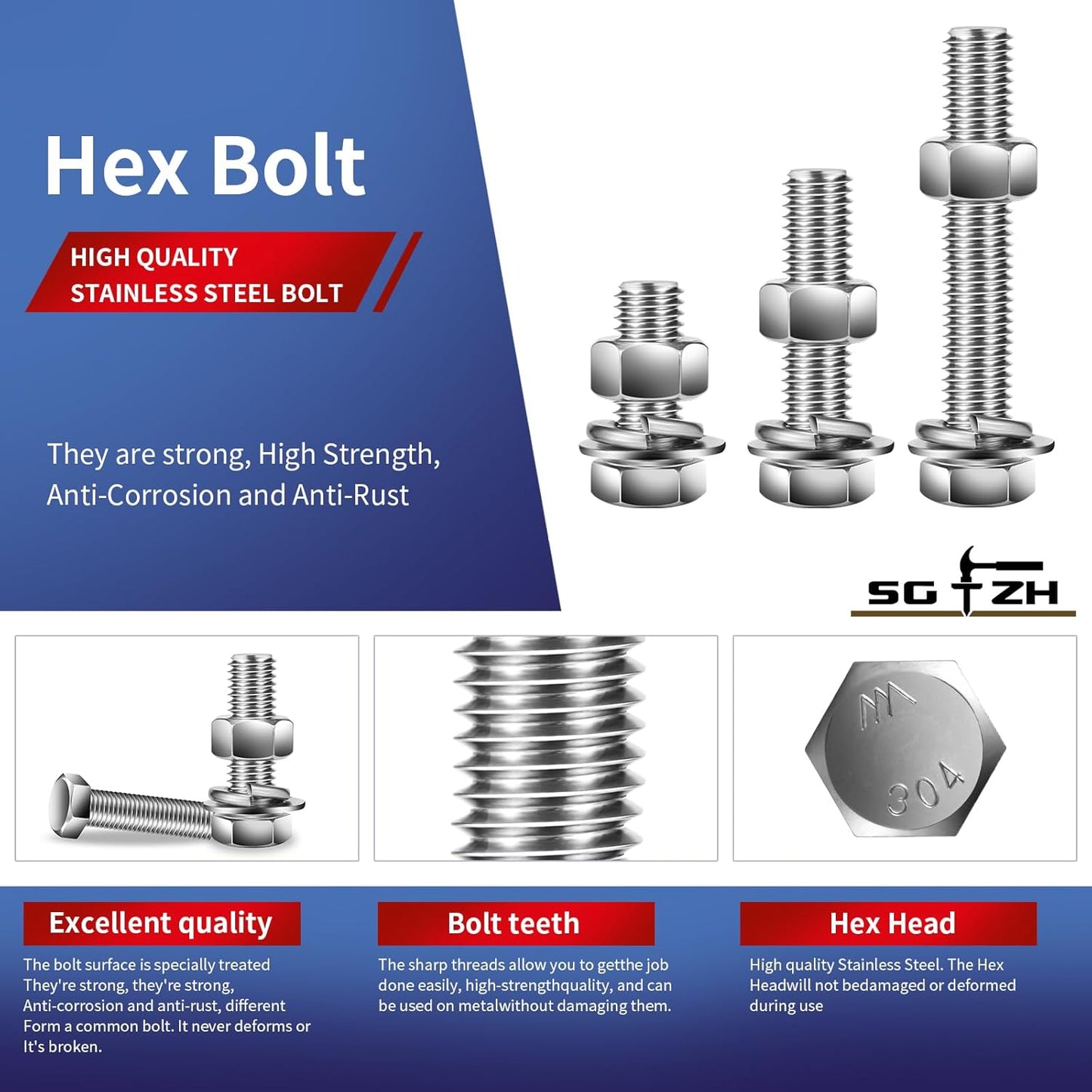 5/16-18 x 4" Hex Head Screw Bolt, Nuts, Flat & Lock Washers, 10Pcs 18-8 (304) Stainless Steel, Fully Threaded, by SG TZH