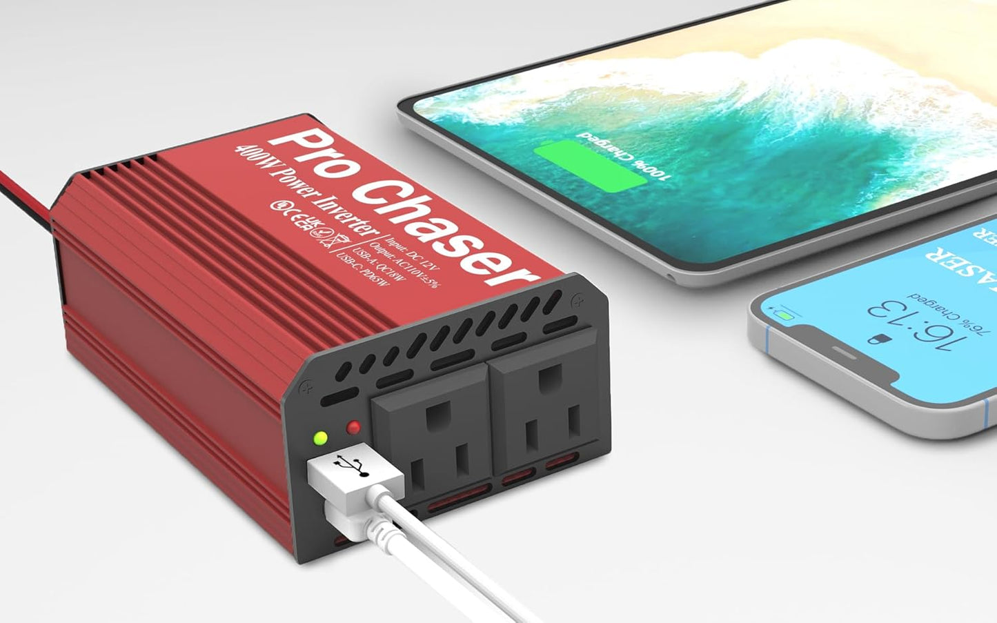 Pro Chaser 400W Vehicle Power Inverter - 12V DC to 110V AC Car Converter, Dual AC Outlets, USB-A QC 18W & USB-C PD 65W Ports, Road Trip Charging Companion with Replaceable in-Line Fuse