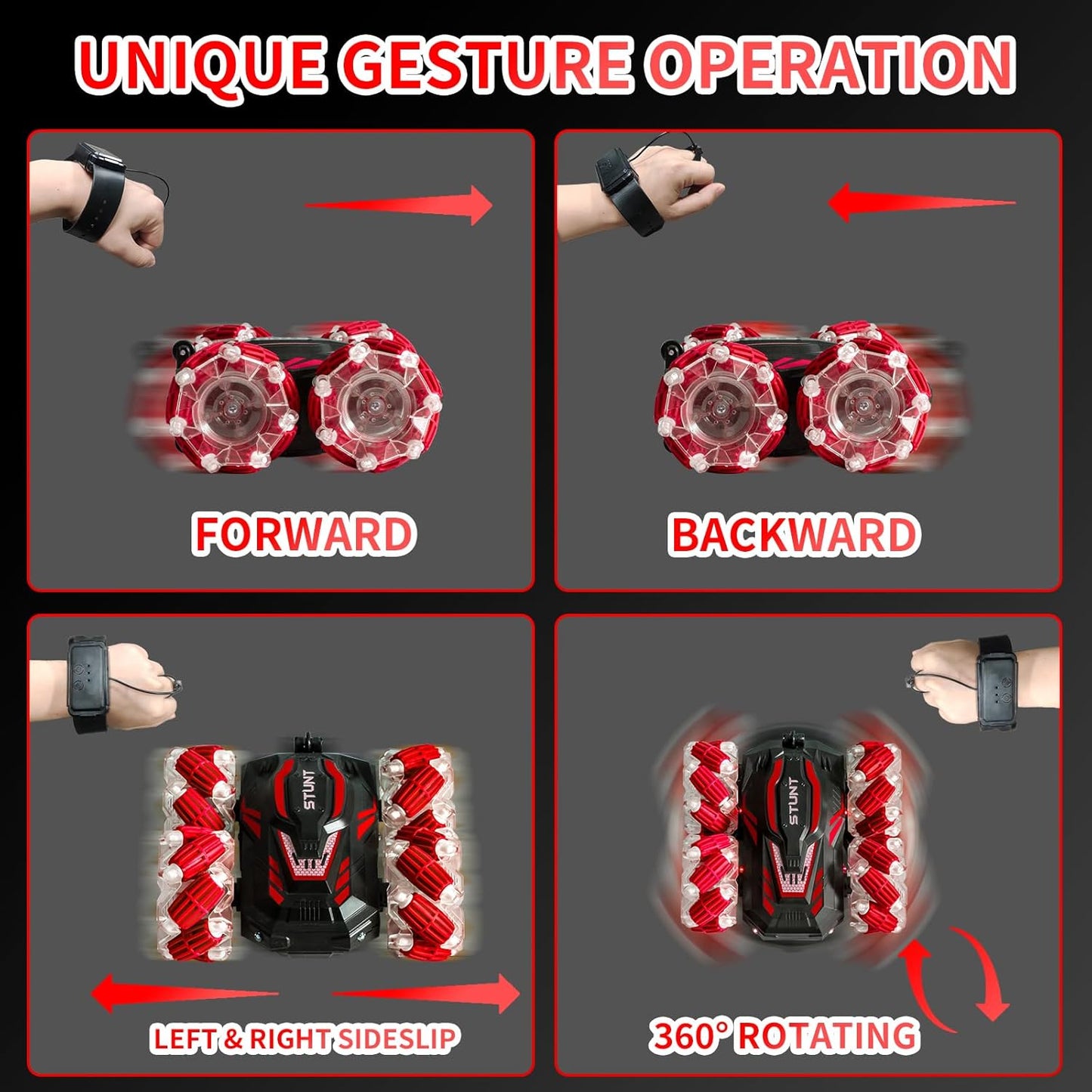 Gesture Sensing RC Stunt Car, 2.4 Ghz 4WD Remote Control Cars, Cool Lighting and Music, Double-Sided Rotating Off-Road Vehicle 360° Flipping Car, Present for Boys and Girls Aged 6-12