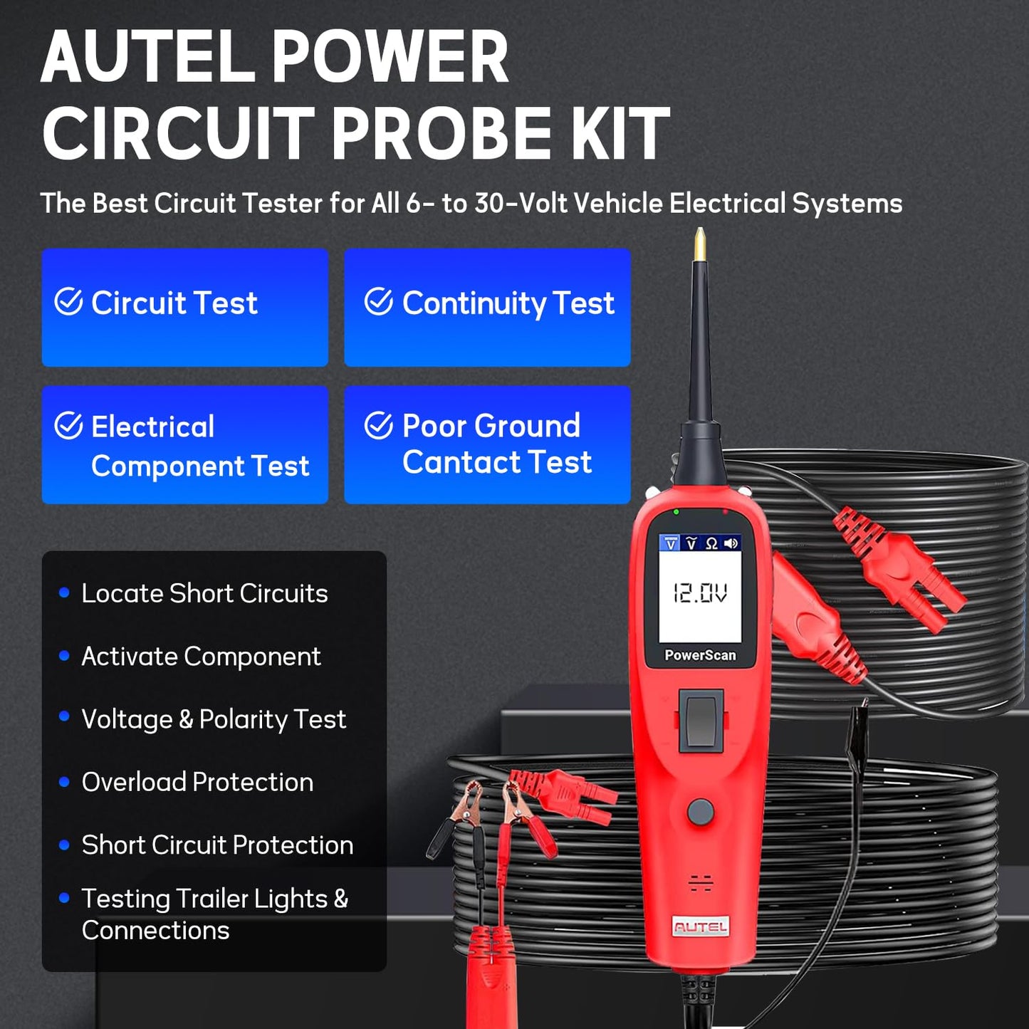 Autel PowerScan PS100 Power Circuit Probe Tester - 2025 12V 24V Car Circuit System Diagnostic Tool, Open Breaker Short Finder, Read AC/DC Resistance, Activate Component, w/ 20ft Cable, for 99% Cars