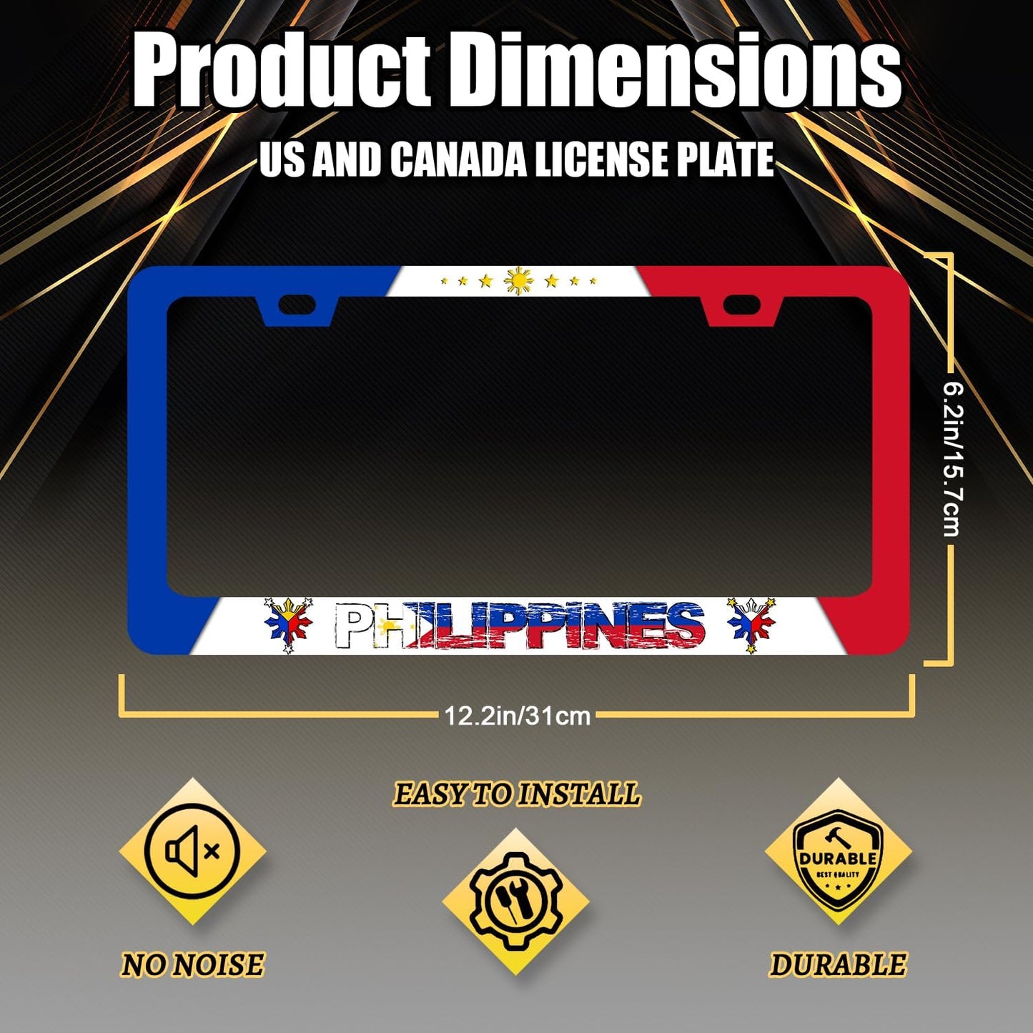 Philippine Flag License Plate Frame Philippines License Plate Stainless Steel Flag Funny Accessories Cars Decor 12.2 X 6.2 Inch with 2 Holes and Screws Fits Standard Us Ca Vehicles