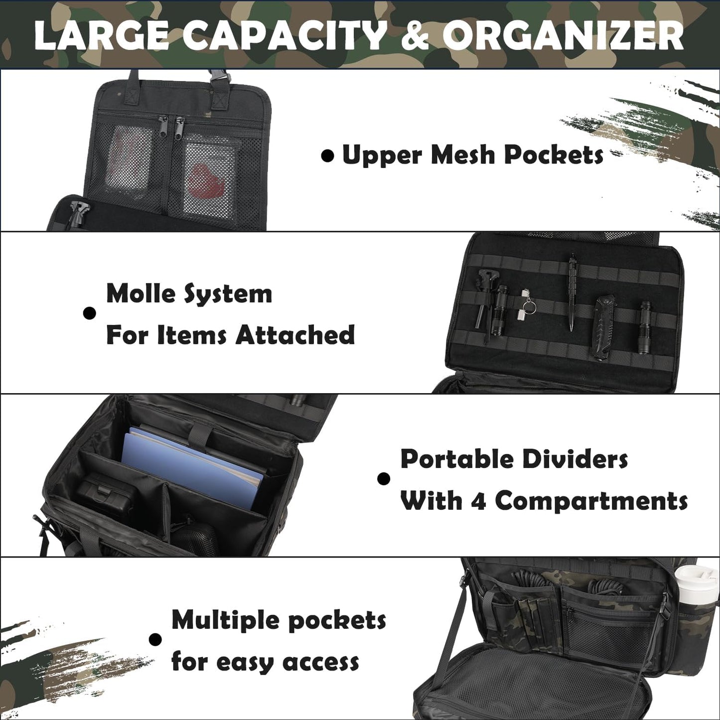 Patrol Bag Law Enforcement, Police Gear Car Front Seat Vehicle Organizer Bags with MOLLE System (Camo)