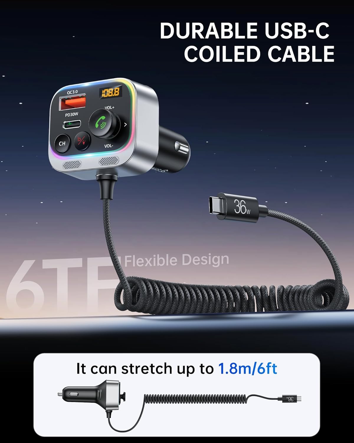 Syncwire Bluetooth 5.4 FM Transmitter Car Adapter 66W PD & QC 3.0 Fast Charging with USB-C Cable Wireless Radio Adapter with Light Control, HiFi Bass, Hands-Free Calling and Strong Mics