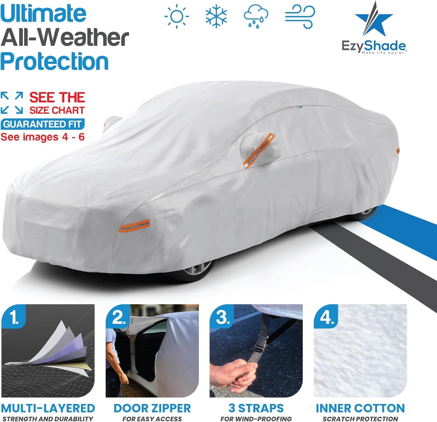 EzyShade 10-Layer Car Cover Waterproof All Weather. See Vehicle Size-Chart for Accurate Fit. Outdoor Full Exterior Covers for Automobiles Sedan Hatch SUV Rain Sun Protection. Size A1 (See SizeChart)