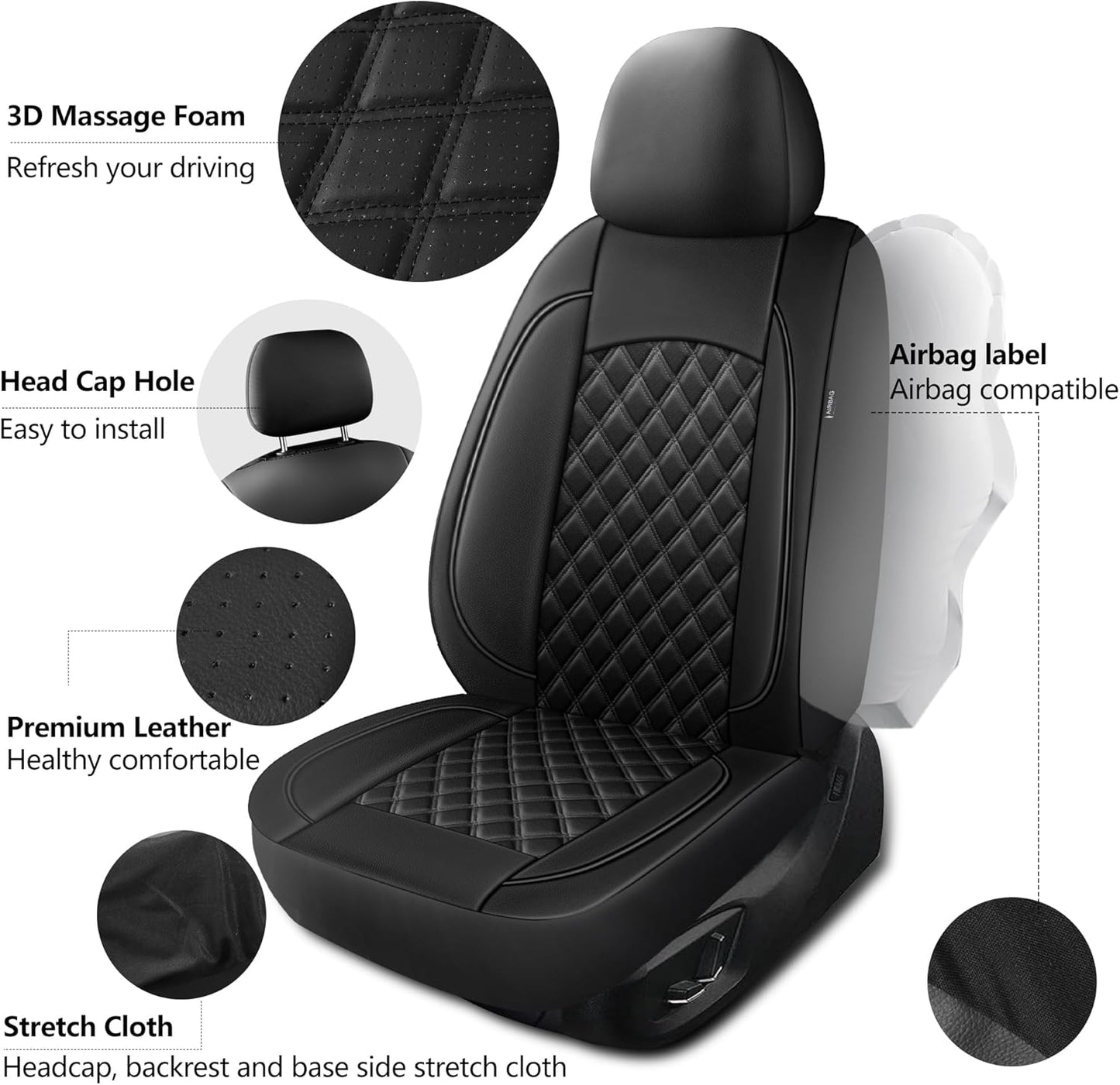 Leather Car Seat Covers,Breathable and Waterproof Napa Leather Automotive Seat Cover,Universal Interior for Cars,Sedans,SUVs,Vans,Trucks(Front Seat,Black,N3)