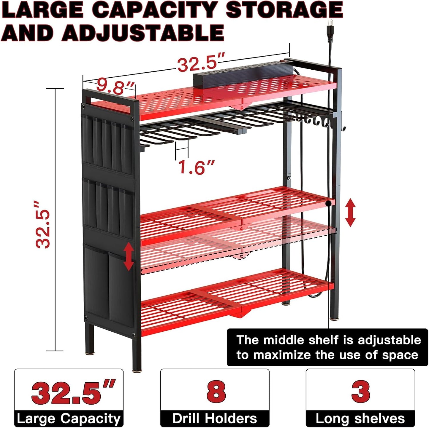 Large Power Tool Organizer Cart with Charging Station 8 Drill Holder Garage Storage Standing Heavy Duty and Stability Storage Rack Utility Tool Shelf (Red)