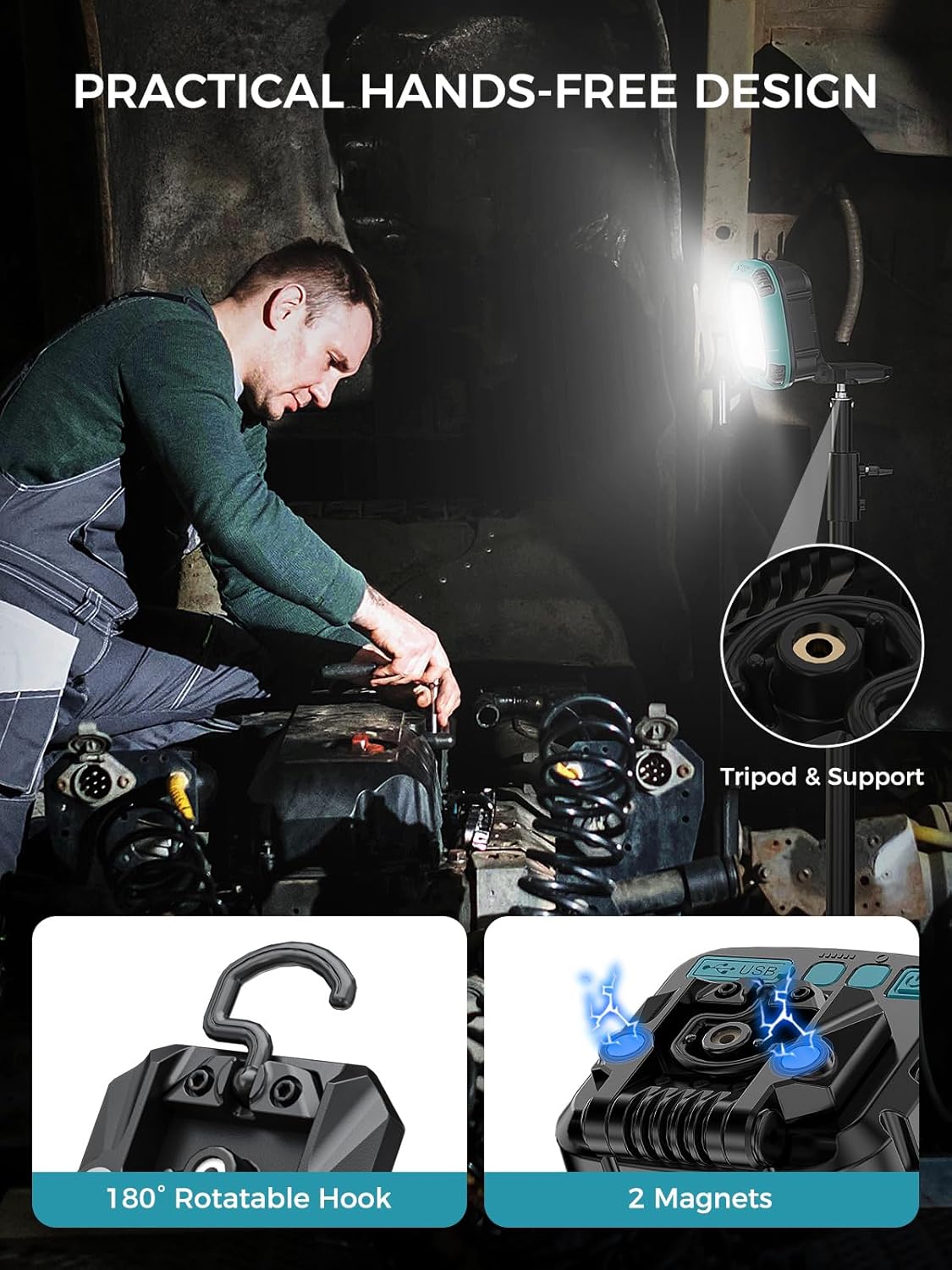 Smiling Shark Working Light, LED Work Light 4000 Lumen 18 Light Mode USB Rechargeable Portable Magnetic Waterproof Drop Resistant Cordless Worklight Job Site Lighting for Garage Repair Camping Outdoor