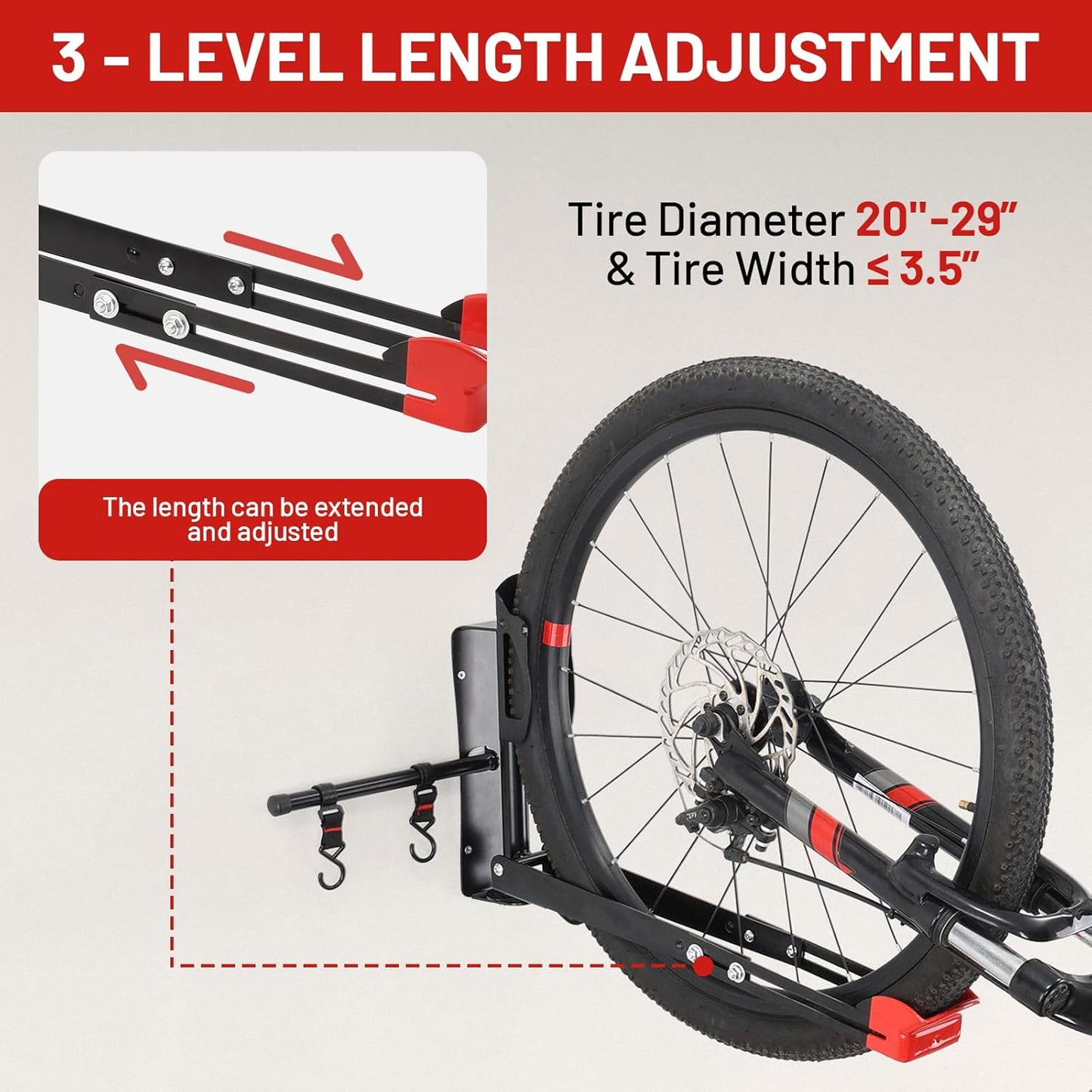 Bike Wall Mount Rack Adjustable & Foldable Garage Bike Rack with Swivel Design & 2 Storage Hooks, Fits 20"-29" Bikes, Holds Up to 77 lbs, Easy Install & Space-Saving Bike Storage 2 Pack