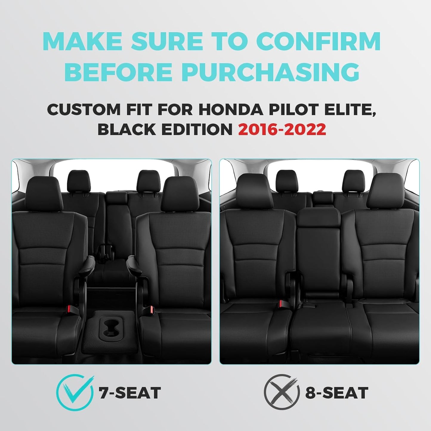 for Honda Pilot Seat Covers, Car Seat Protectors Full Set Custom Fit Pilot Elite,Black Edition 2016 2017 2018 2019 2020 2021 2022 7 Seats, Faux Leather Full Coverage Waterproof, Black