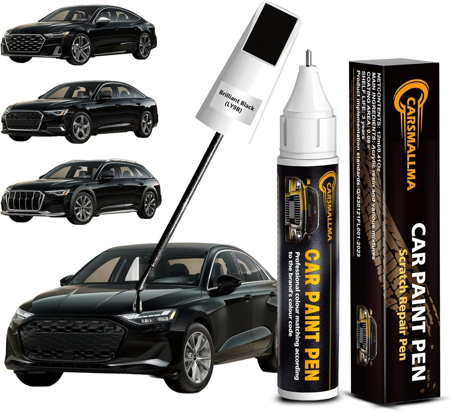 LY9B Brilliant Black Car Touch Up Paint for Audi, Color Accurate Car Paint Scratch Repair Pen Kit Quick & Easy Fix Vehicle Chips and Automotive Nicks Scuff