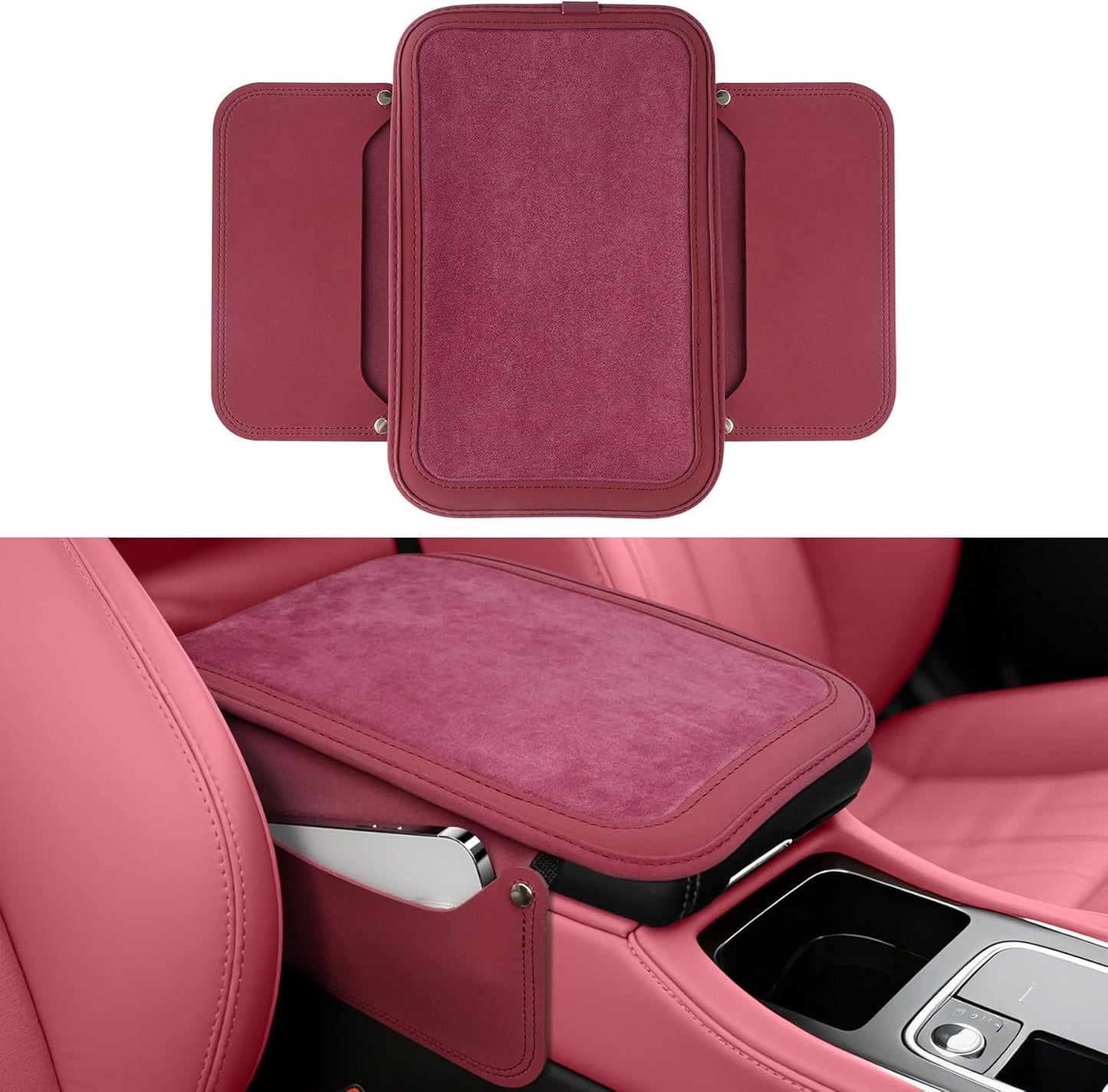 SINGARO Car Leather Center Console Cover with 2 Storage Bags, Universal Furry Fluffy Car Armrest Seat Box Pad, Comfortable Car Interior Accessories, Fits for Most Vehicles (Red)