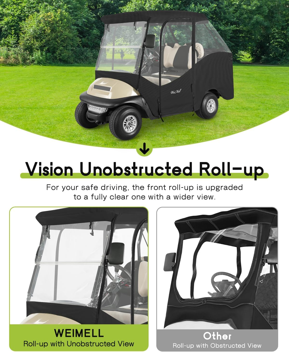 4 Passenger Golf Cart Enclosure for Club Car Precedent Short Roof 2+2 Waterproof Windproof Driving Rain Covera Fit 4-Seater with 4-Sided Clear Windows Mirror Zipper Roll-up Door Black