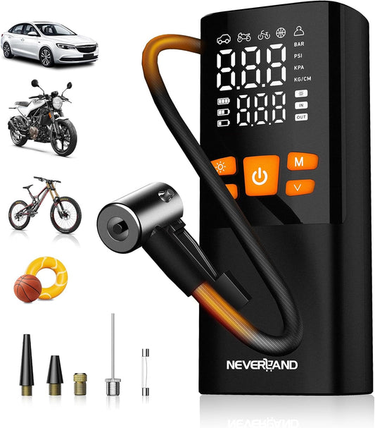 NEVERLAND Tire Inflator Portable Air Compressor - 4X Faster 150 PSI Air Pump for Car Tires, Electric Bike Pump with Pressure Gauge, Auto-Shutoff Cordless Tires Pump for Car Bicycle Motorcycle Ball