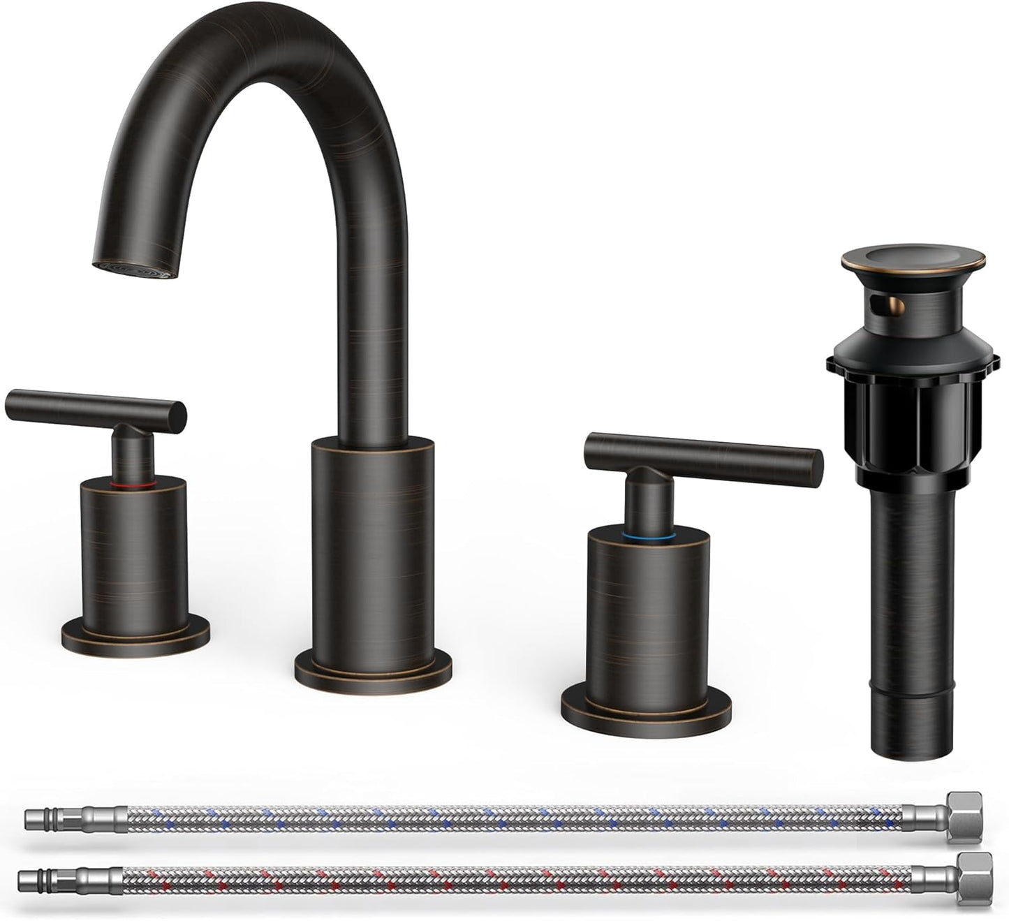 FORIOUS Oil Rubbed Bronze Bathroom Faucet 3 Hole, 8 Inch Widespread Bathroom Sink Faucet Bronze with Pop Up Drain, 3 Piece Vanity Faucet ORB with 24" CUPC Supply Hoses, 6" to 10" Sink Restroom Remodel