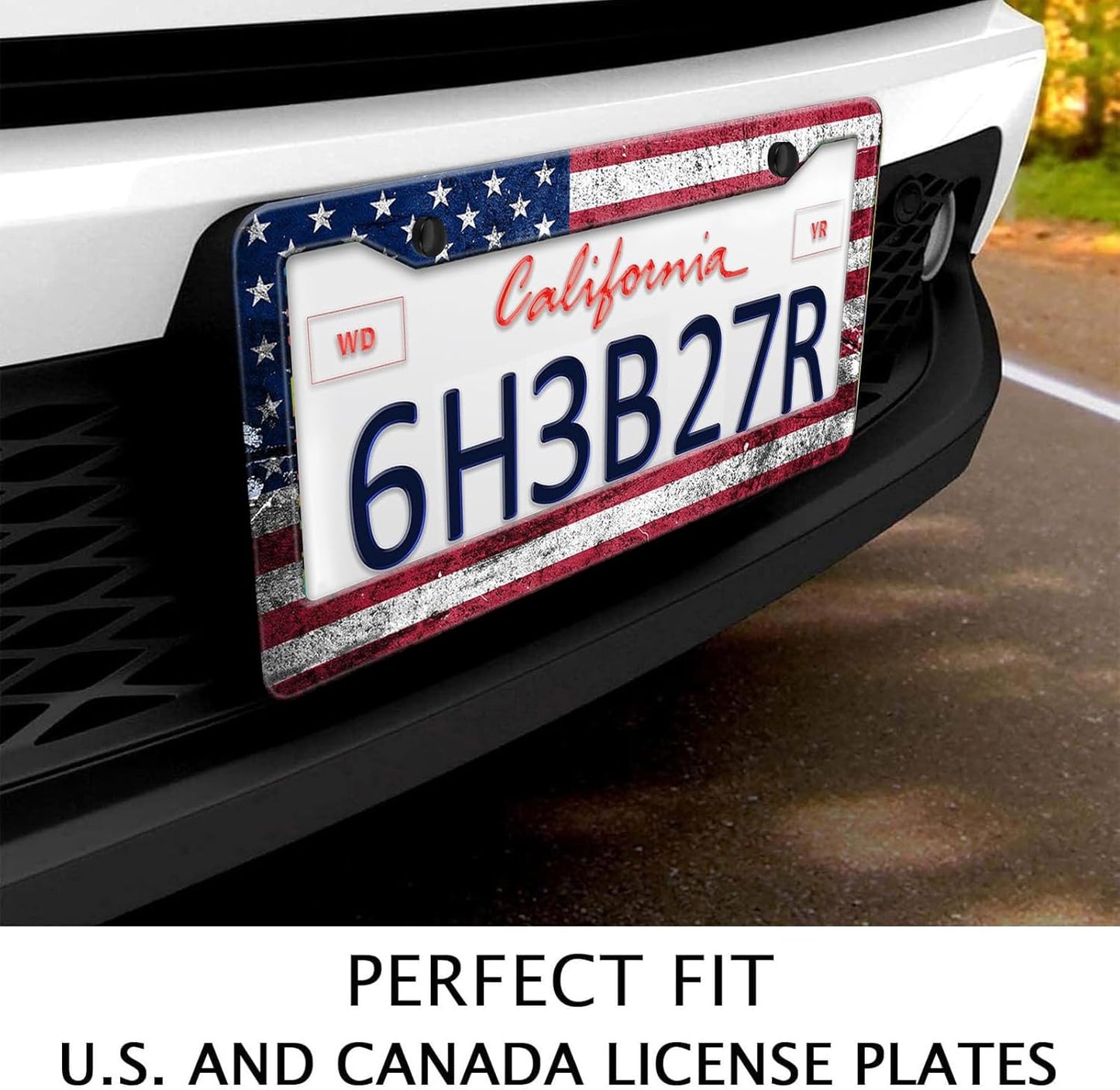 Vintage American Flag License Plate Frame, Retro USA Flag License Plate Holder Covers, Metal Aluminum Rustproof License Plate Frame Car Accessories for Women Men 2 Holes with Screw Caps