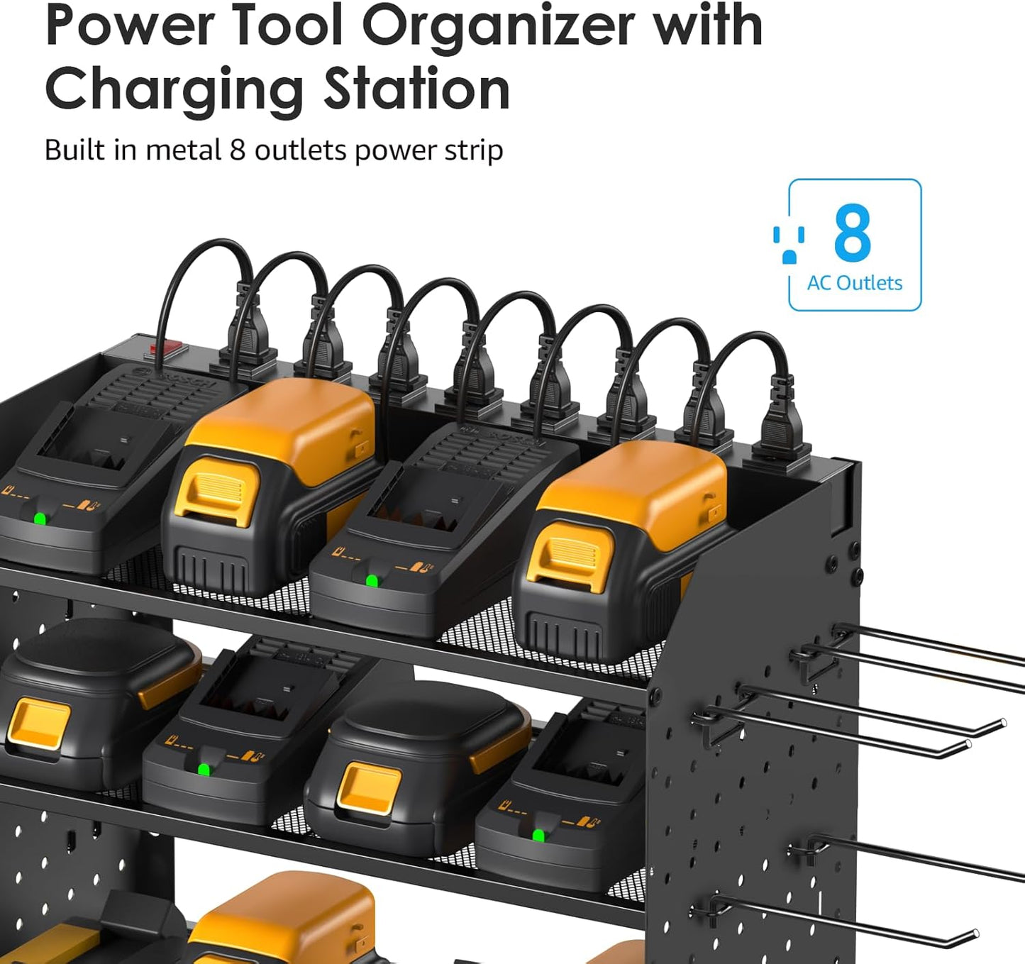 CCCEI Modular Power Tool Organizer with Charging Station. 4 Layer Wall Mount Drills Holder, Tool Battery Charger Organizer. Garage Shop Storage Utility Shelf with 6FT Power Strip, Gift for Men.