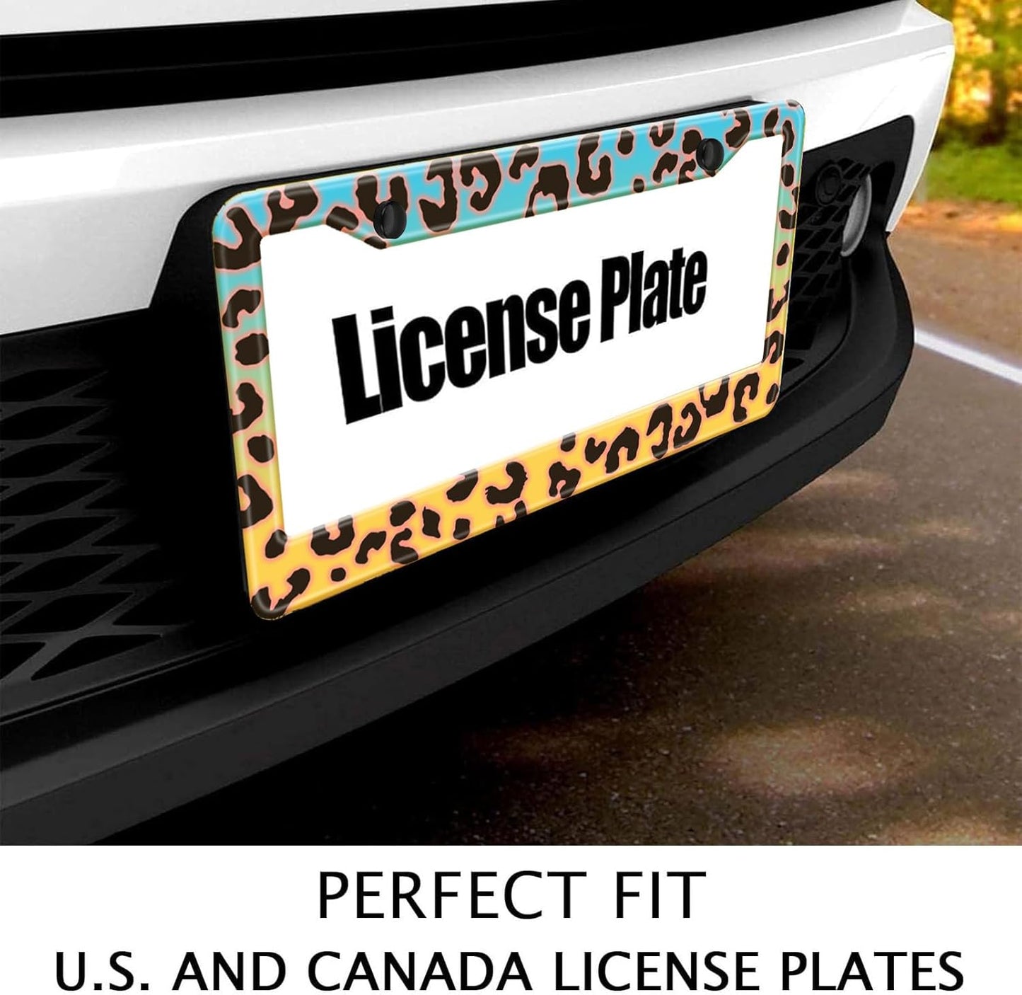 Blue Yellow Leopard License Plate Frame, Cheetah Leopar Print Car Accessories Car Tag Frame, Rust-Proof Waterproof Metal Aluminum License Plate Holder for Women Men 2 Holes with Screw Caps