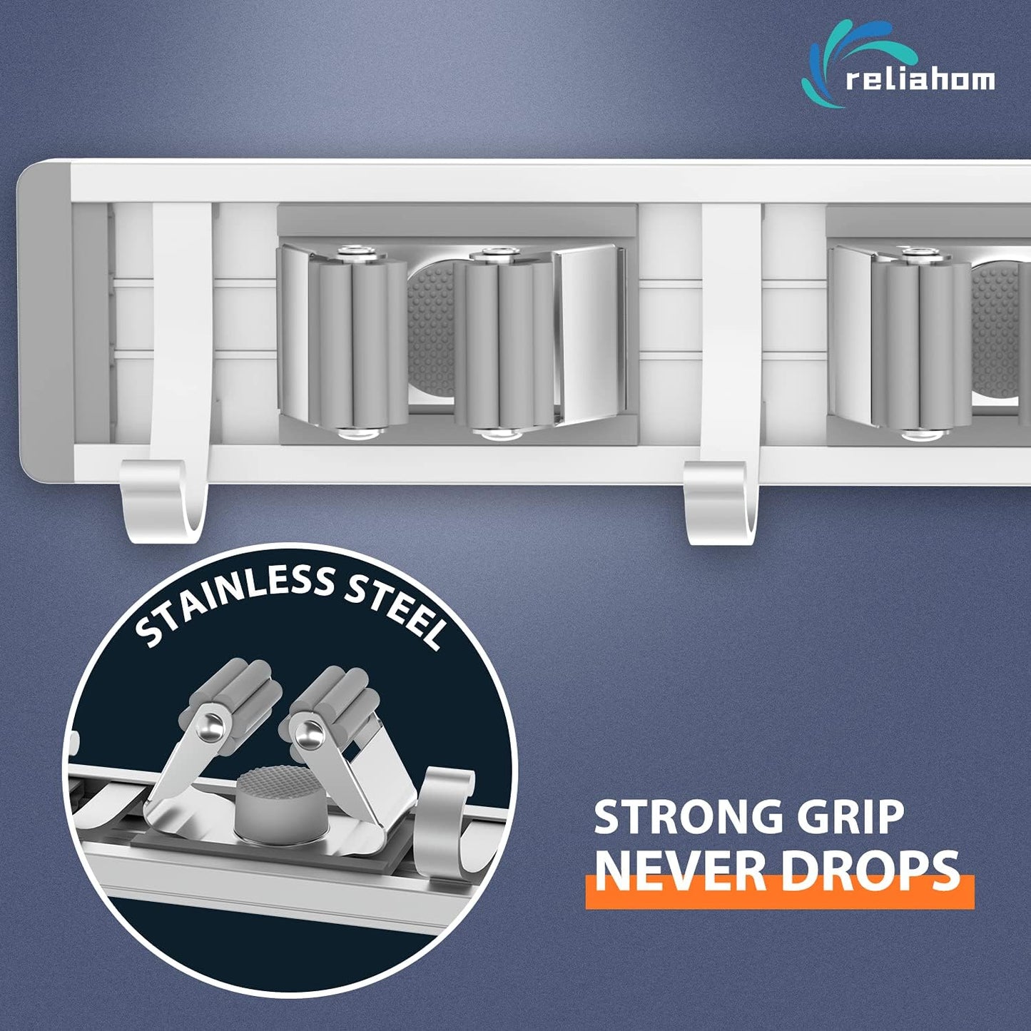 Broom Holder Wall Mount Mop and Broom Hanger Wall Mounted Garage Storage Rack Kitchen Garden Tool Organizer (4 Racks with 5 Hooks, Silver)