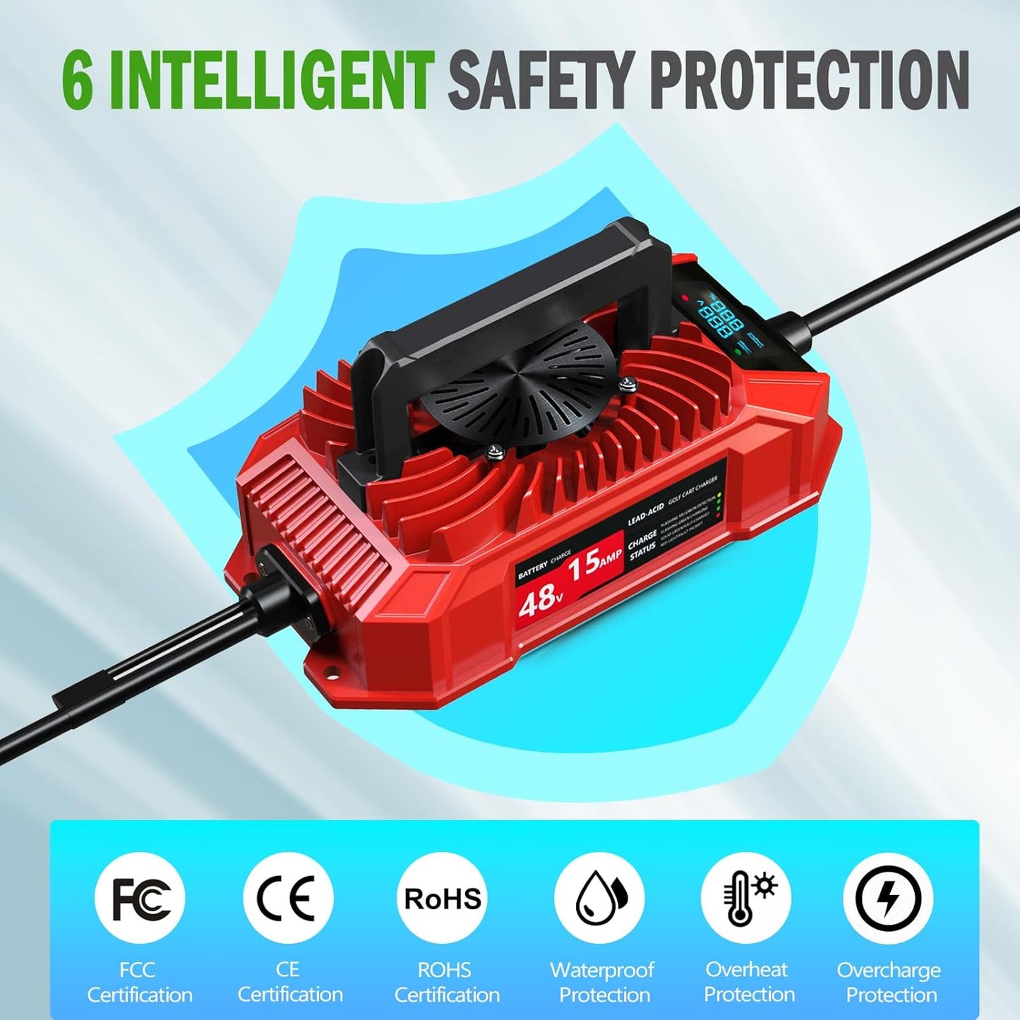 Golf Cart Charger 48 Volt Club Car with LED Visual Charging Display, IP67 15A Golf Cart Battery Charger for Club Car Precedent & DS Lead Acid Battery, 3-Pin Round Plug Cable, Club Car Accessories, Red