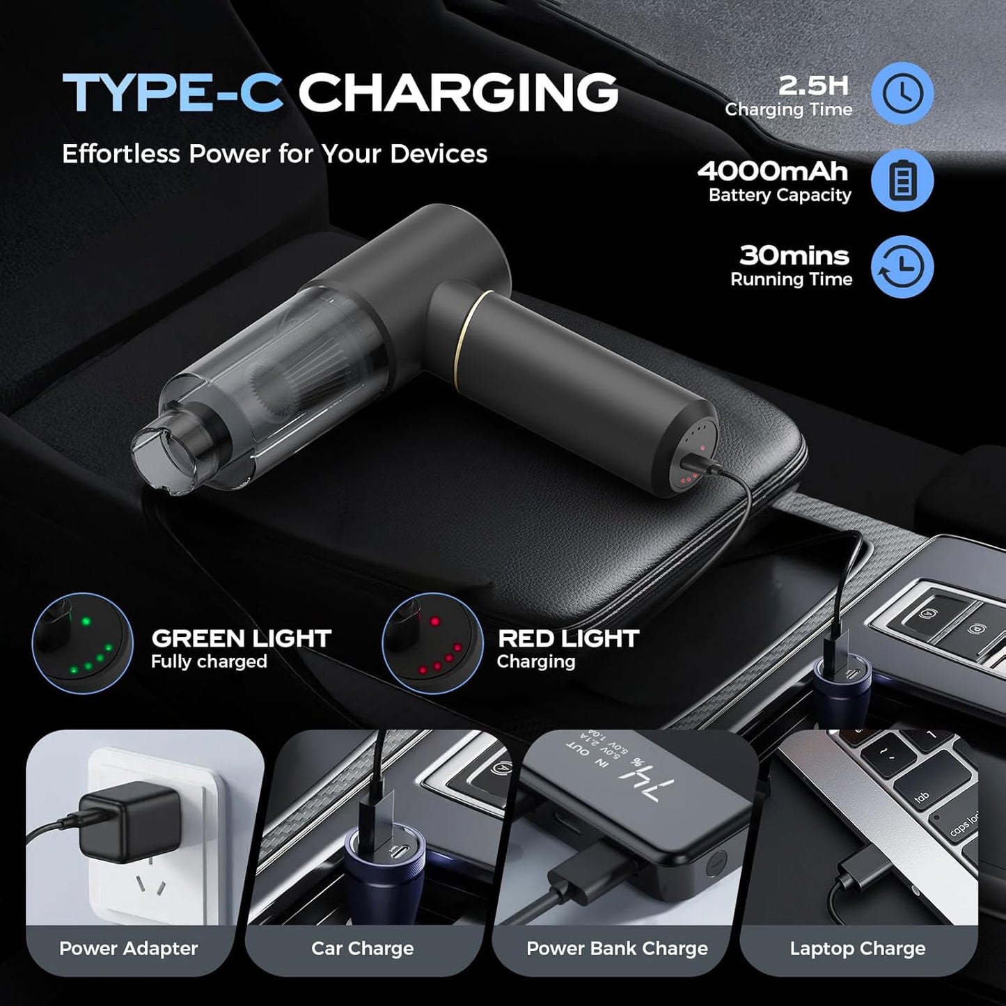 Car Vacuum Portable Cordless, Handheld Vacuum Cordless 15Kpa, Hand Vacuum Ultra-Quiet (75dB), 21min Runtime, Lightweight (1.25 lbs) for Car, Pet Hair, Home