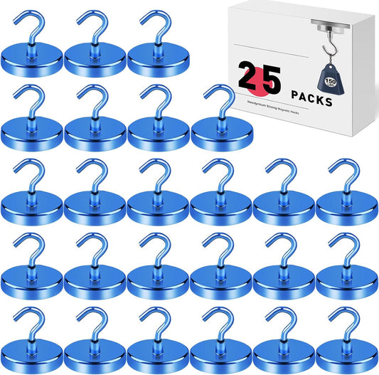 LOVIMAG Magnetic Hooks for Cruise Cabins, 150lbs Blue Magnetic Hooks for Classroom, Strong Magnets with Hooks for Hanging, Neodymium Magnet Hooks for Fridge, Ceiling, Locker, Camper, Travel-25 Pcs