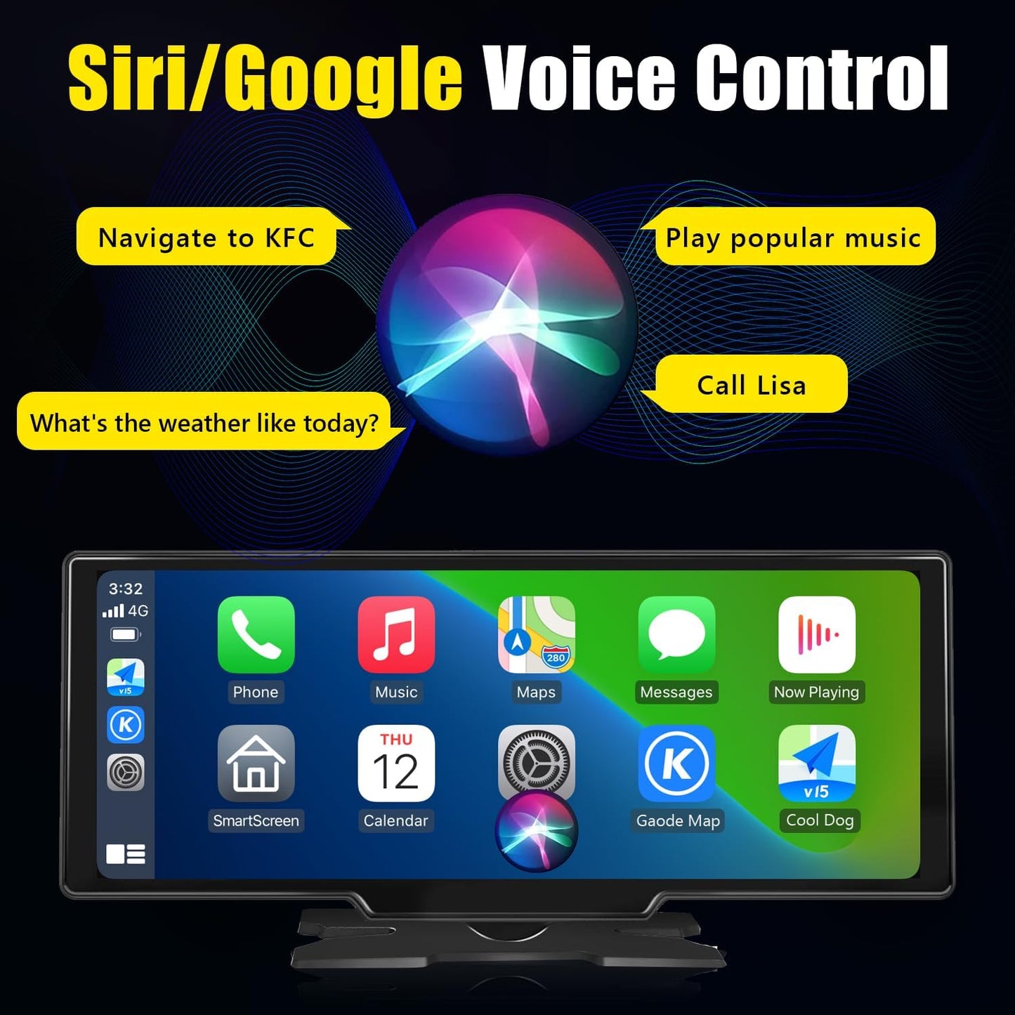 Portable Carplay Screen for Car 9.28" Carplay & Android Auto Car Touch Stereo, with 4K Dash Cam, 1080p Rear Camera,Bluetooth,Touch Screen GPS Navigation,Mirror Link, AirPlay, AUX/FM, Siri