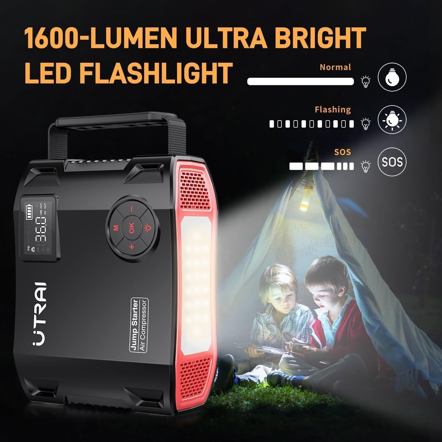 UTRAI Jump Starter with Air Compressor, 6000A 27000mAh Car Starter Jump Box with 150PSI Tire Inflator, Portable Jump Pack (All Gas/10L Diesel), DC160W, QC3.0 Jumper Cables, 1600LM Light