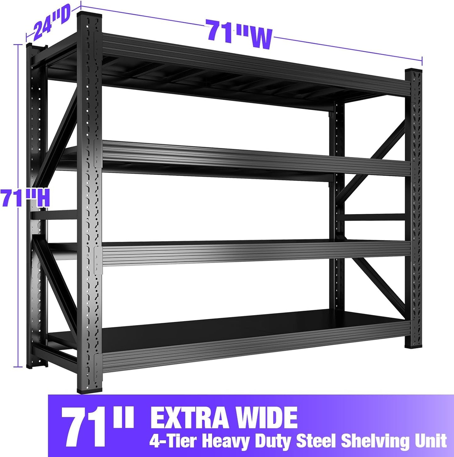 Metal Garage Shelving Unit, Heavy Duty 4-Tier Adjustable Storage Rack, 6000 LBS Loads Industrial Utility Shelves for Garages, Warehouses, Kitchen, Black, 71" W x 24" D x 71" H