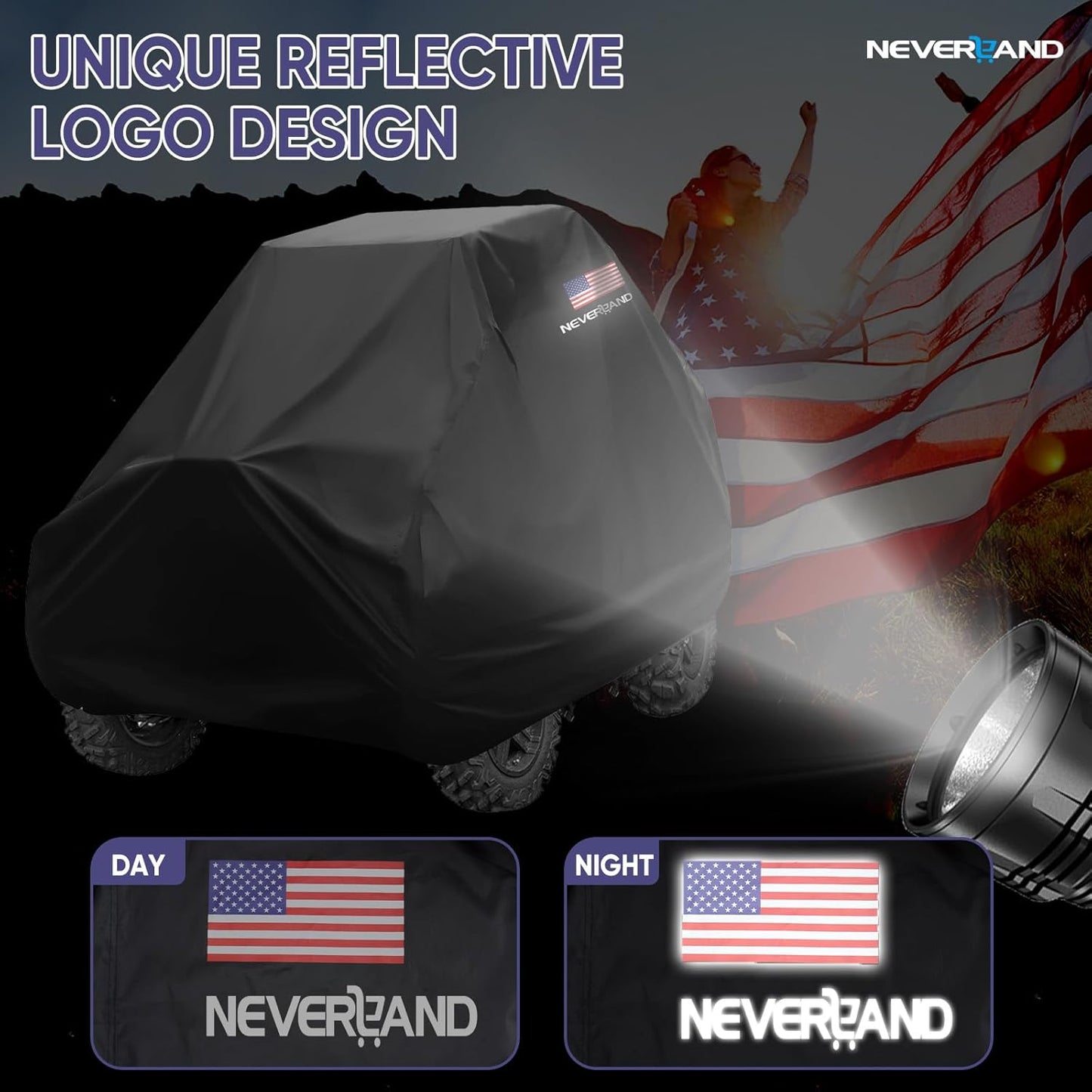 NEVERLAND UTV Covers 2 Seater - Side by Side Cover Waterproof Outdoor UTV Covers with American Flag Compatible with Polaris Ranger RZR Can-Am Defender Kawasaki, 114.17"x 59.06"x 74.80"(290x150x190 cm)