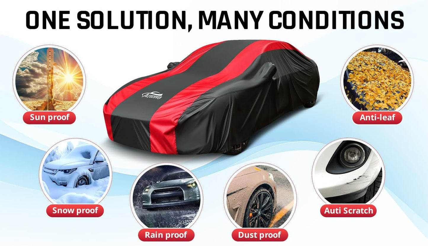 Full Exterior Covers with Red Stripe Design,Sedan Car Cover for Waterproof Universal Fit Toyota Corolla Prius, Ford Focus Sedan, Hyundai Elantra, Kia Forte, Nissan Sentra, VW Jetta