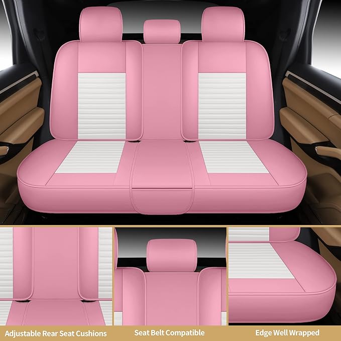 AOOG Pink Leather Car Seat Covers, Leatherette Automotive Seat Cover for Cars SUV Pick-up Truck, Universal Non-Slip Car Seat Cover Waterproof Protectors Interior Accessories, Full Set Pink