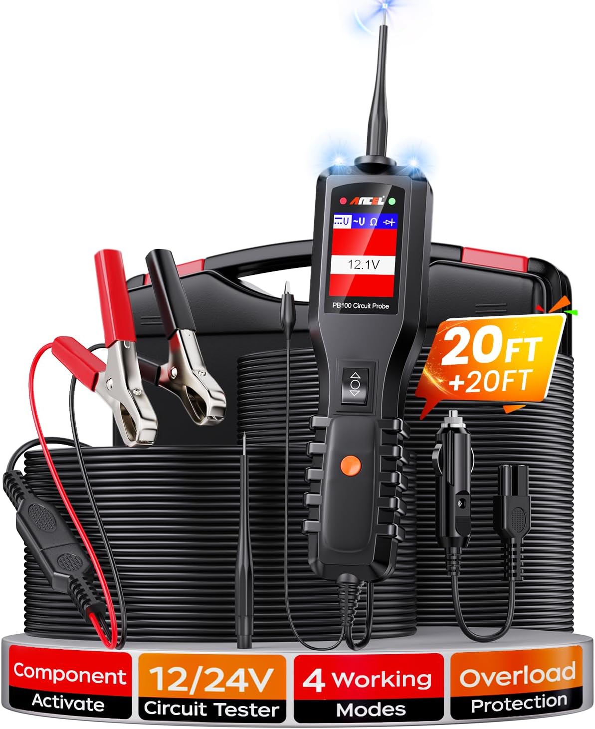 ANCEL PB100 Automotive Power Circuit Probe Tester, 12 24V Electrical Short/Open Breaker Finder, AC DC Diode Resistance Relay Tester, Continuity Test Digital Multimeter/Ohmmeters, 20 + 20FT Cable