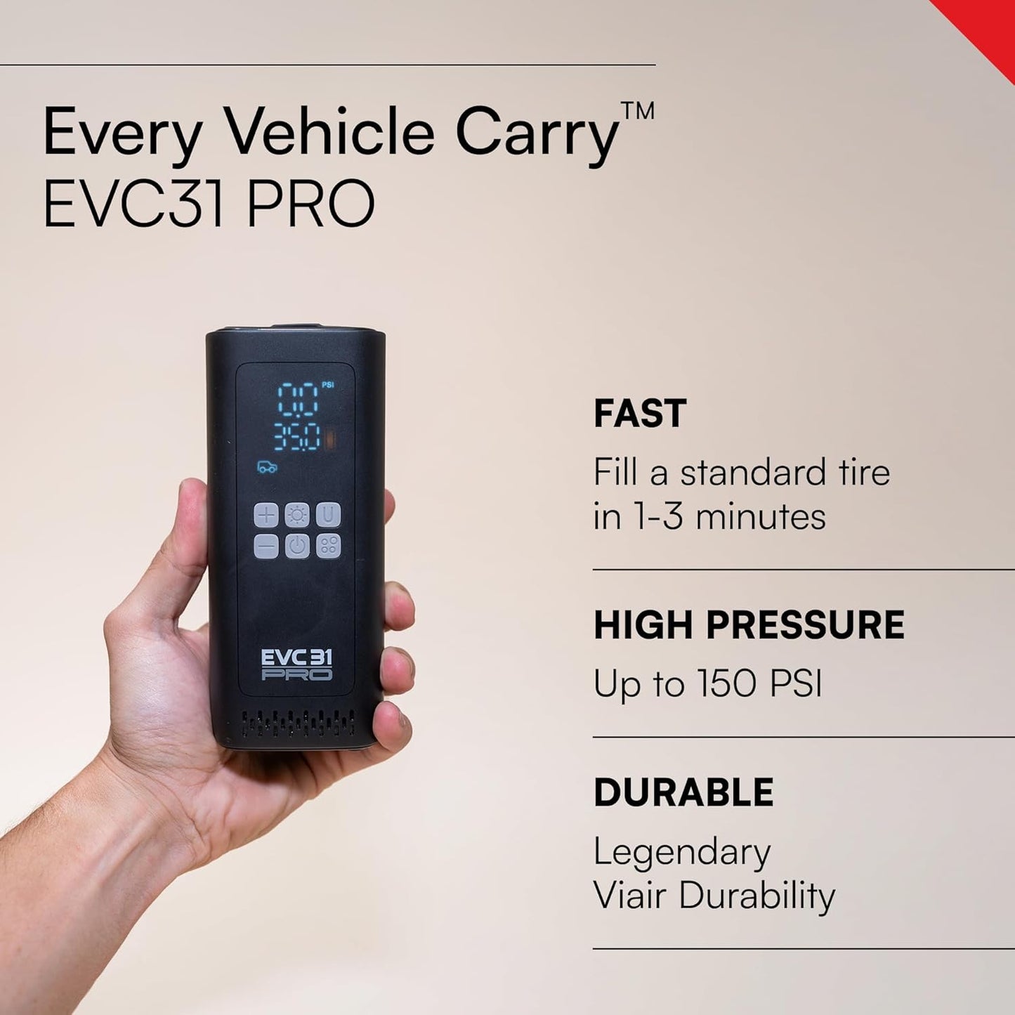 Viair Every Vehicle Carry EVC31 PRO - rechargeable, portable air compressor, dual power source, LED gauge w/preset - Tire Inflator Ideal for LT truck & suv's, cars, motorcycles, & E-bikes