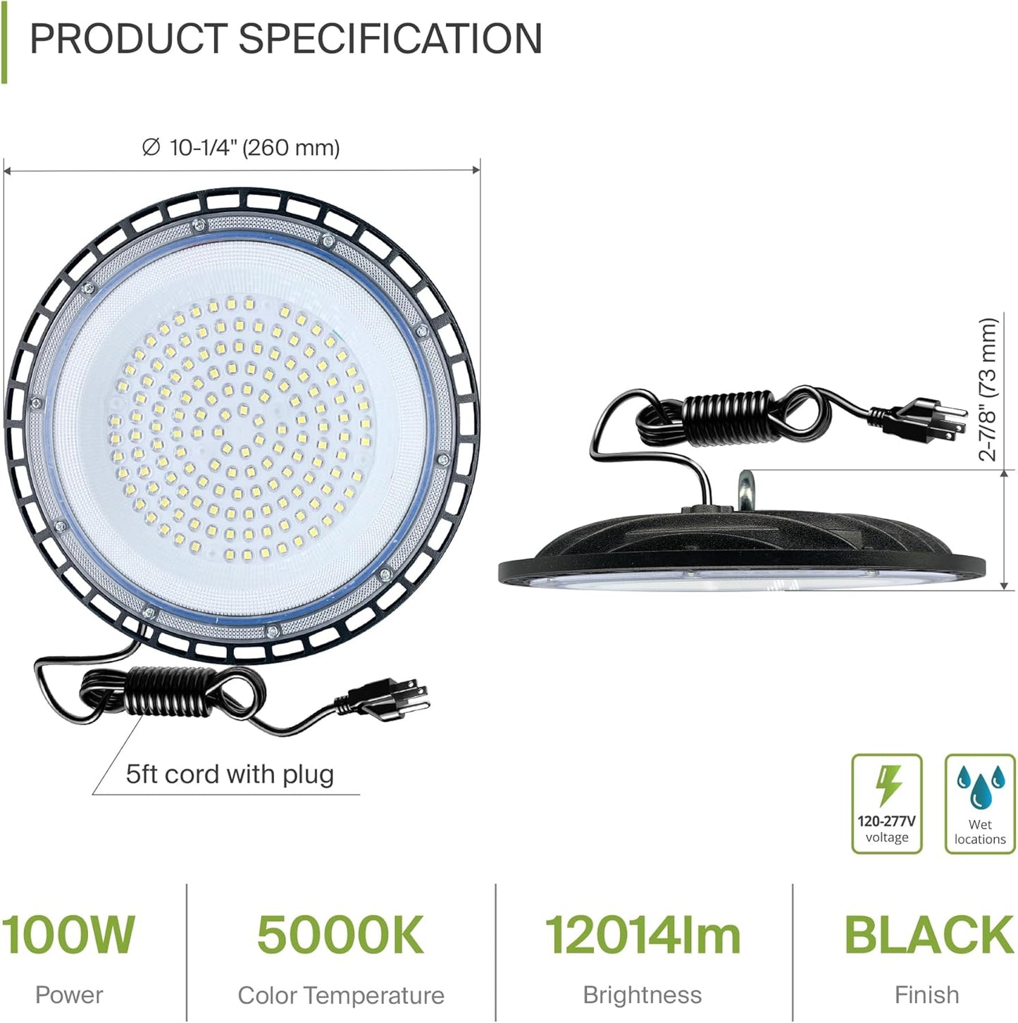 ASD LED High Bay UFO Light Fixture, Commercial Shop Lighting | Plug & Play Cable, IP65 Waterproof, ETL Listed | 100W 18000LM 5000K 100-277V | Warehouse, Garage, Workshop, Barn Lamp | Black, 12 Pack