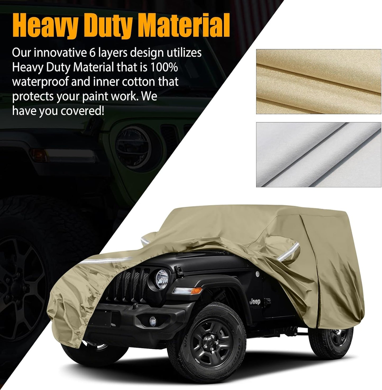 Waterproof Car Covers Replace for 2007-2025 Jeep Wrangler 2 Door, Multilayer Heavy Duty with Cotton Liner All Weather Car Cover with Zipper Door, Windproof Bands for Snow Rain Dust Protection