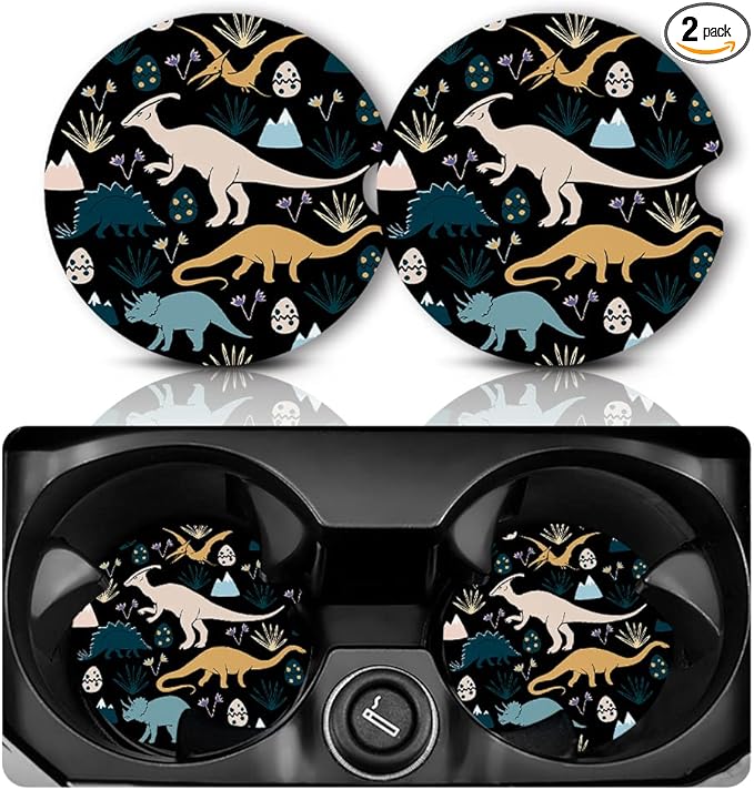 Dinosaur Car Coasters - Anti-Slip Rubber Cup Mat with Finger Notch - 2 Pack for Car Cup Holders - Cute Interior Accessories for Women & Men