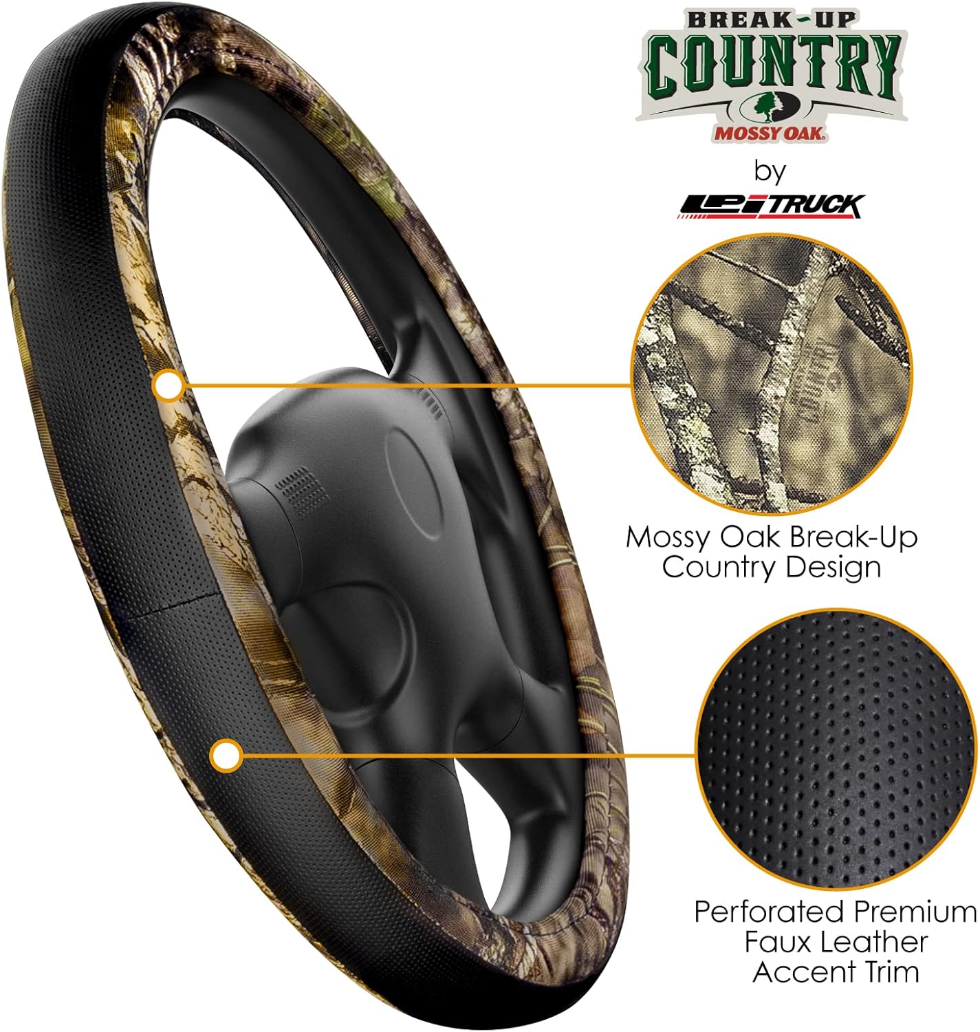 Mossy Oak Steering Wheel Cover by LPI Truck; Heavy Duty 600D Oxford Material with Mossy Oak Break-up Country Camoflauge; Fits All Car, SUV, Mini-Van and Truck with Steering Wheel Size 14.5" to 15"