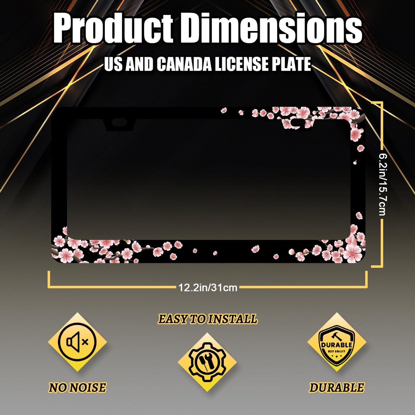 Beautiful Cherry Blossom License Plate Frame Pink Floral License Plate Holder Stainless Steel Colorful License Plate for USA Canada 6.3"X12.3" with 2 Holes and Screws