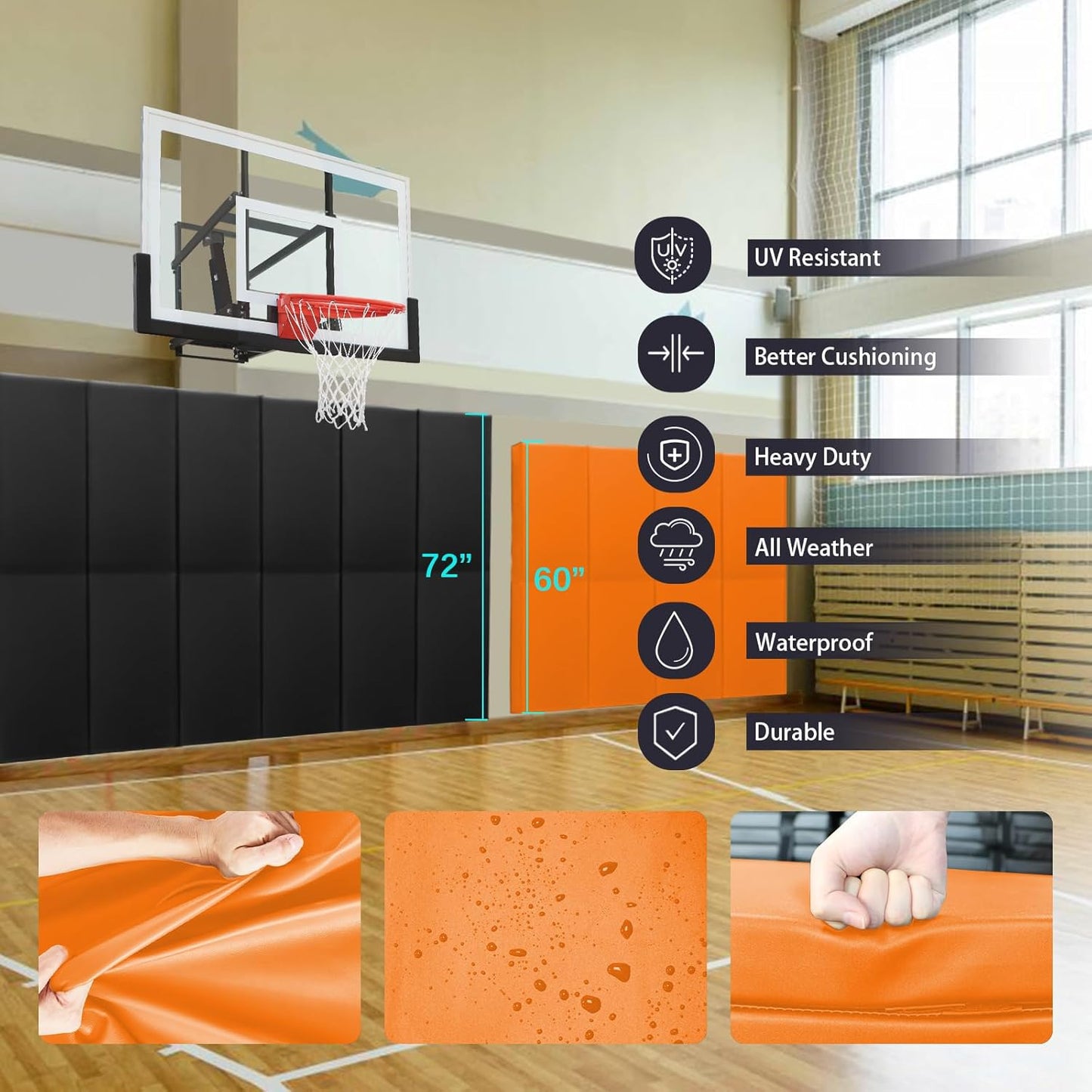 PROGOAL 60"/72" High Gym Wall Padding 2"/4" Thick Foam Basketball Court Wall Mount Protector for Garage Taekwondo Babyroom - Durable Waterproof Anti-Cushion