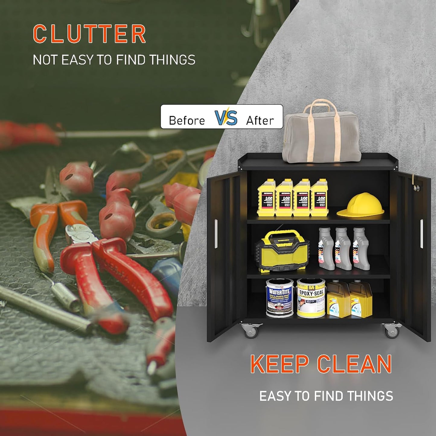 Metal Garage Storage Cabinet with Wheels ，Lockable Rolling Tool Chest on Wheels, Utility Cabinet for Home, Office, Garage and Workshop(Black)