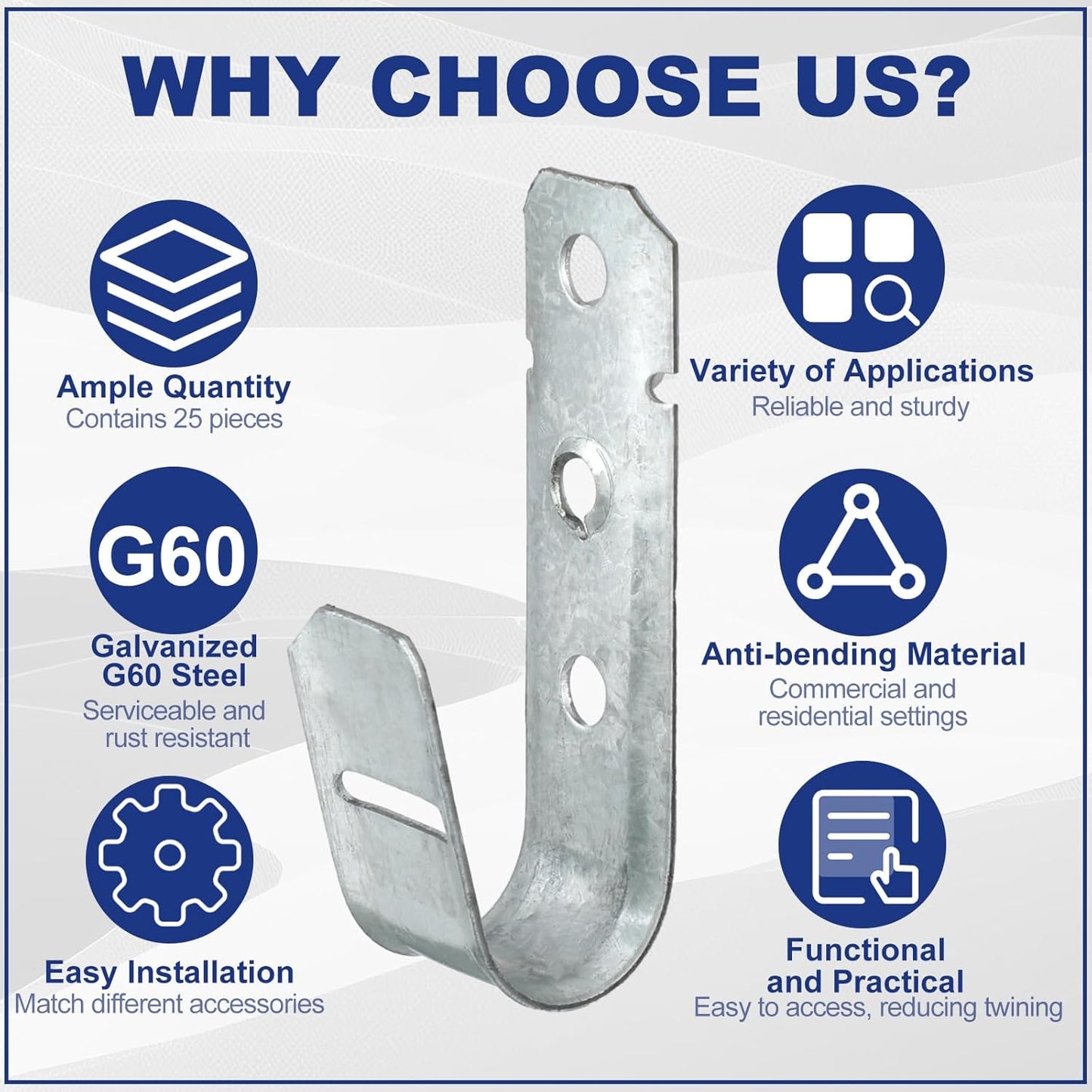 Gisafai 200 Pcs Cable Support J-Hook, 3/4 Inch Metal Garage Hooks for Hanging, Heavy Duty Network for Cable and Wire Management Wall Attaching J Utility, G60 Galvanized Steel, Silver