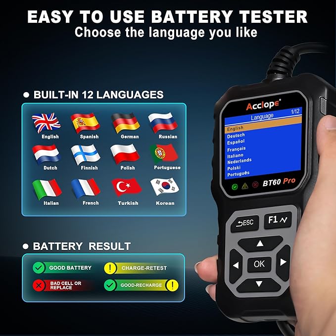BT60 Pro Car Battery Tester, Digital Analyzer with Cloud Printing, 6V/12V/24V Battery Checker for AGM, Lithium, Gel Batteries, 100-3000 CCA Range, Automotive Charging System