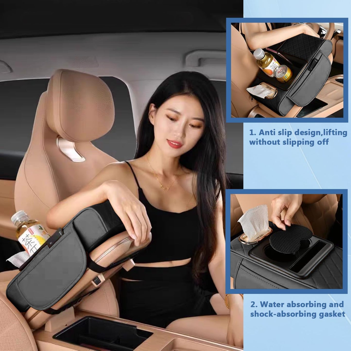 Universal Car Armrest Cushion Organizer, Leather Armrest Cover for Car, 5-in-1 Center Console Cover with Cup Holder, Tissue Box Slot, Mobile Phone Storage Slot, Black