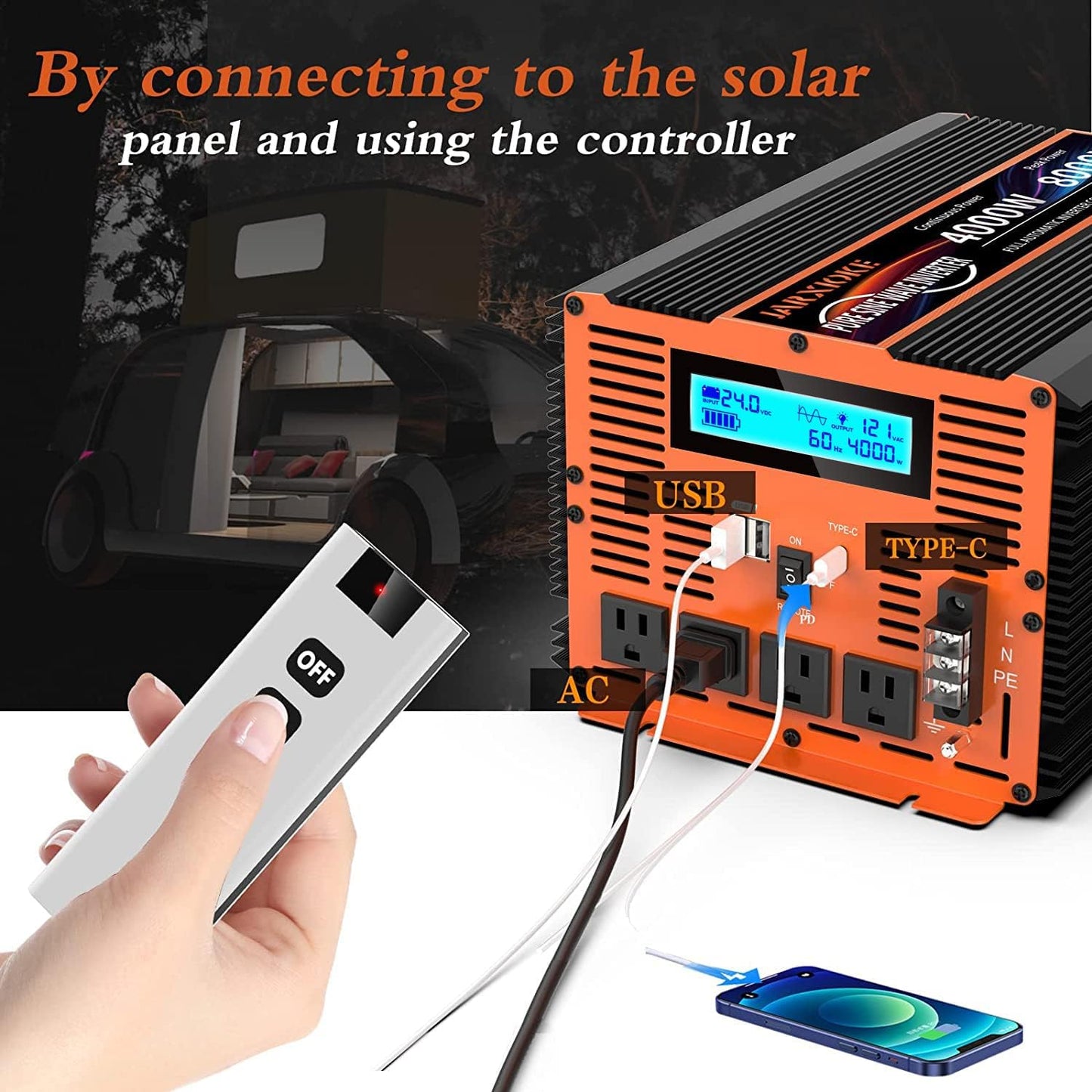 4000 Watt Pure Sine Wave Power Inverter 24V DC to 110V 120V Converter for Family RV Off Grid Solar System Car with Type-C Ports 4 AC Power Outlets Dual USB Ports LCD Display and Remote Control