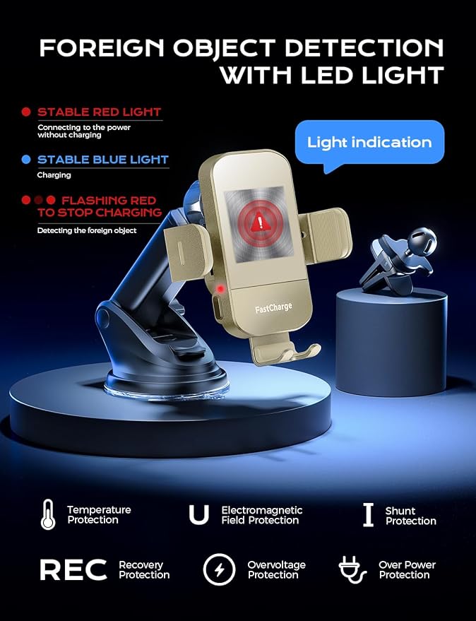 CHGeek Wireless Car Charger, 15W Fast Charging Auto Clamping Car Charger Phone Mount Phone Holder fit for iPhone 15 14 13 12 11 Pro Max Xs, Samsung Galaxy S25 Ultra S24 S23 S22, S21, S20, Khaki