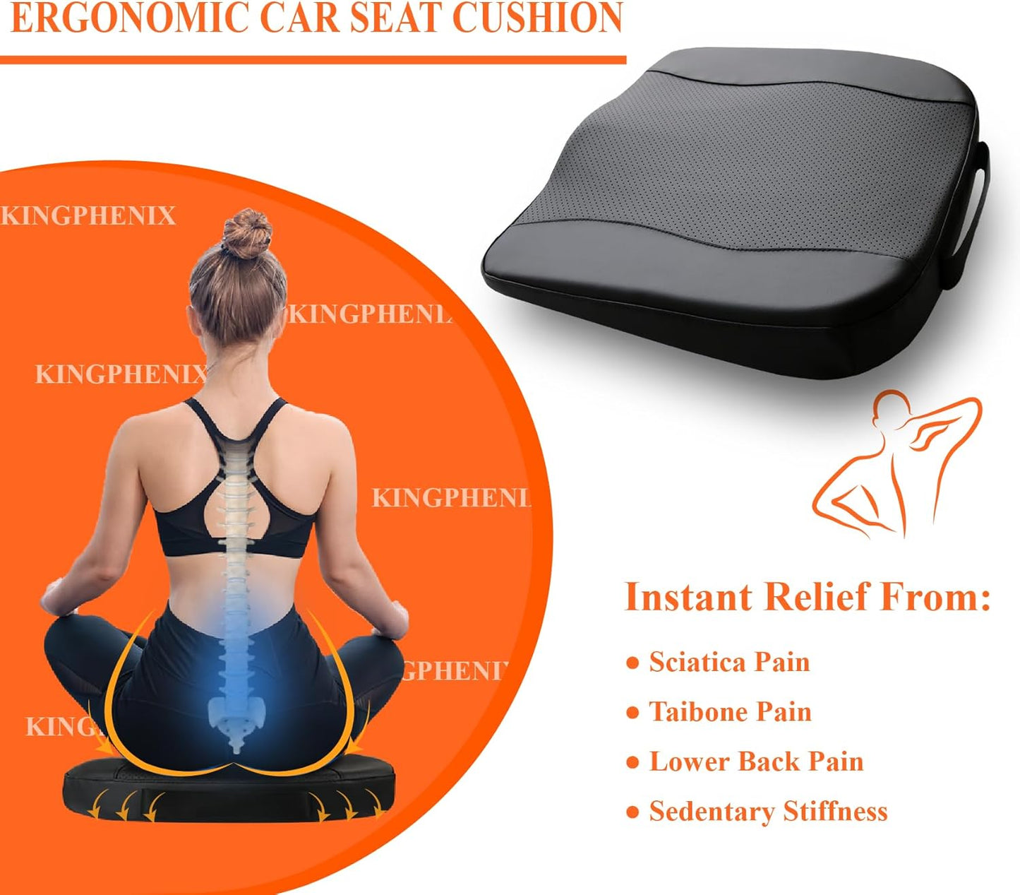 kingphenix Premium Car Seat Cushion, Memory Foam Driver Seat Cushion to Improve Driving View- Coccyx & Lower Back Pain Relief - Seat Cushion for Car, Truck, Office Chair (Classic Black)